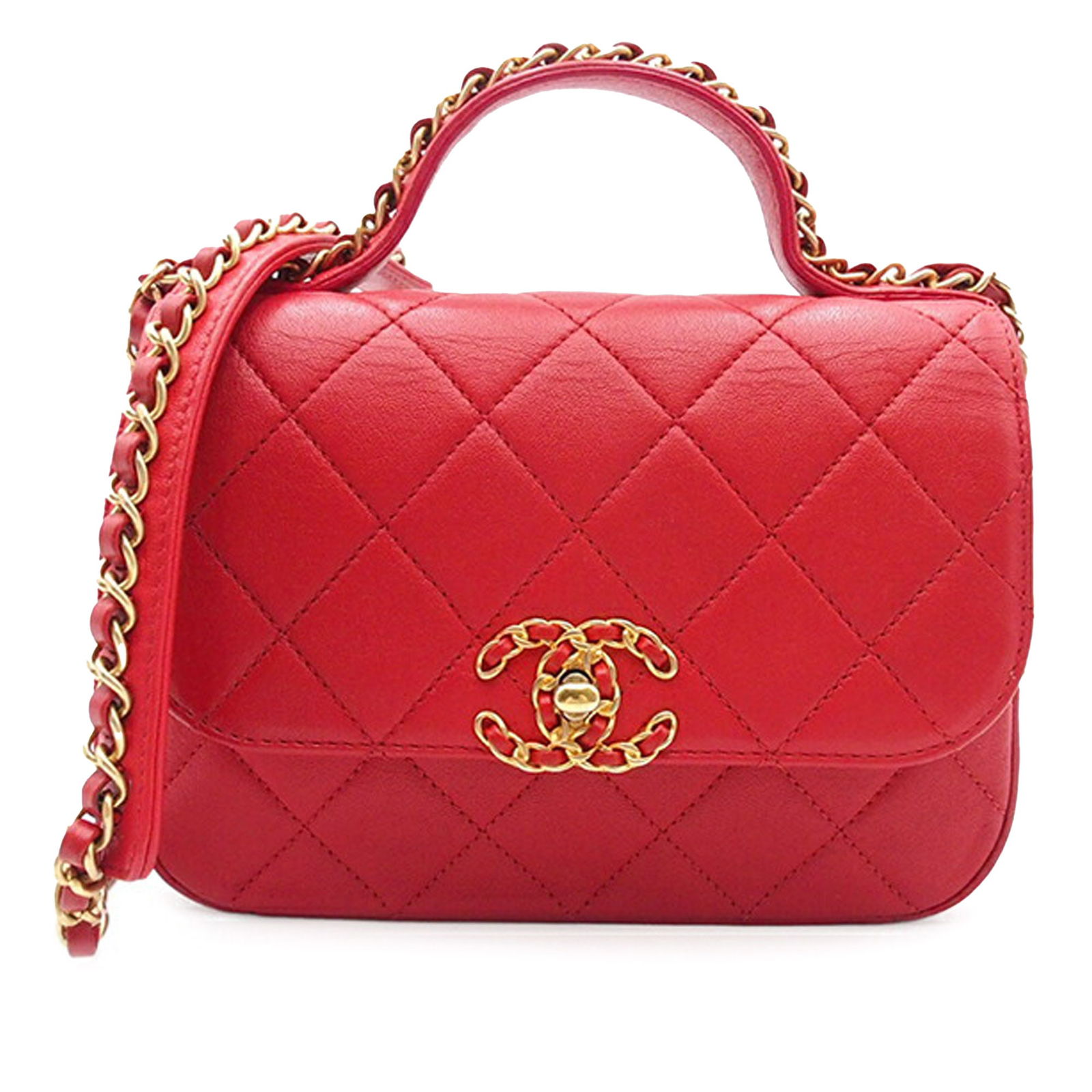 Chanel Quilted Lambskin Chain Infinity Top Handle Bag Red Leather: Chanel Quilted Lambskin Chain Infinity Top Handle Bag Red Leather This Chanel Quilted Lambskin Chain Infinity Top Handle Bag is a luxurious satchel made from exquisite quilted lambskin leather in a st
