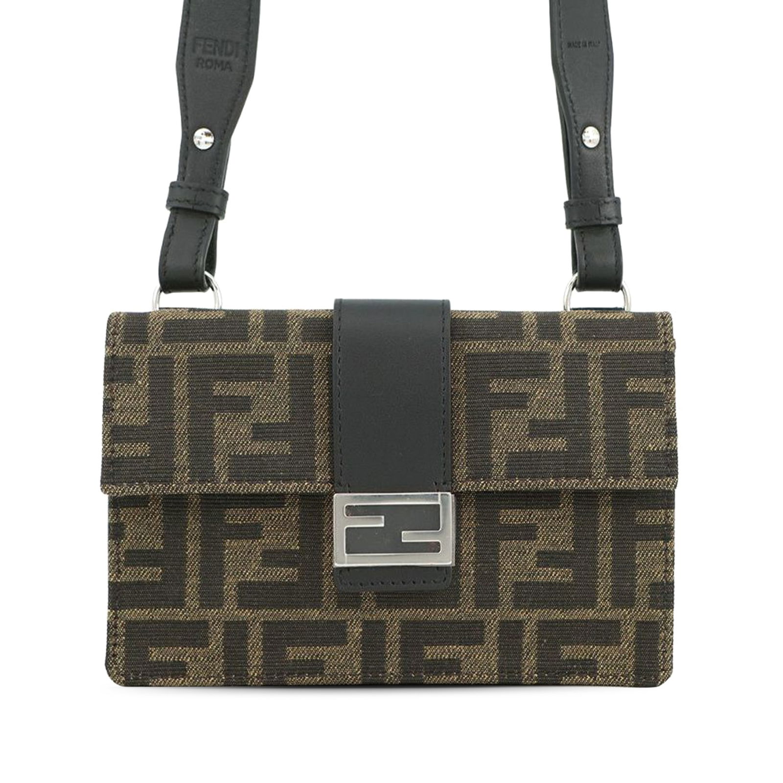 Fendi Brown Zucca Canvas Crossbody with Detachable Leather Strap: Fendi Brown Zucca Canvas Crossbody with Detachable Leather Strap The Fendi Zucca Canvas Convertible Baguette Pouch is a crossbody bag crafted with a brown canvas body and features a detachable flat le