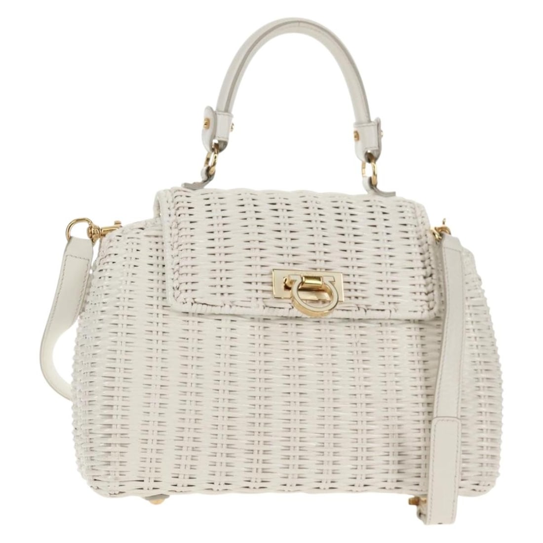 Salvatore Ferragamo Gancini Hand Bag Rattan White Gold Authentic: Salvatore Ferragamo Gancini Hand Bag Rattan White Gold Authentic Elevate your style with this authentic Salvatore Ferragamo Gancini Hand Bag, a perfect blend of elegance and functionality. Crafted in