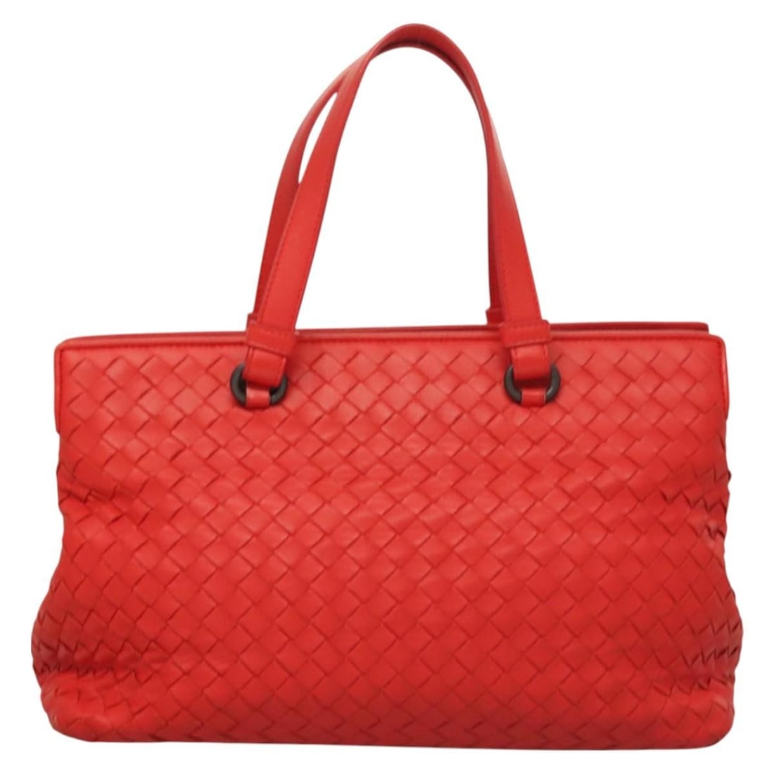 Red Open Shopping Tote by Bottega Veneta: Red Open Shopping Tote by Bottega Veneta This is a Bottega Veneta open shopping tote in red, designed for female use. The bag shows signs of wear, including slight rubbing and loss of shape on the ext