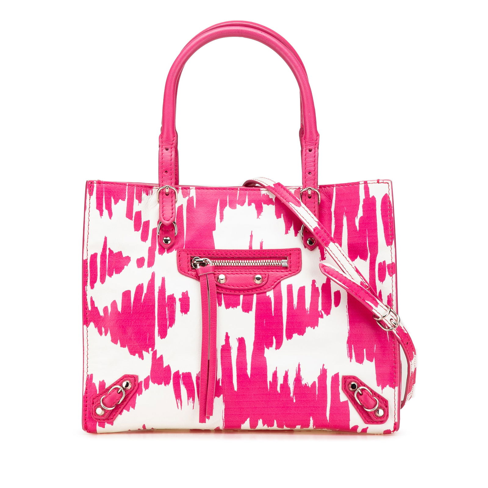 Balenciaga Pink Mini Leather Papier A4 Satchel with Detachable Strap: Balenciaga Pink Mini Leather Papier A4 Satchel with Detachable Strap The Balenciaga Mini Leather Papier A4 Satchel is a stylish and versatile bag crafted from premium leather. This satchel features ro