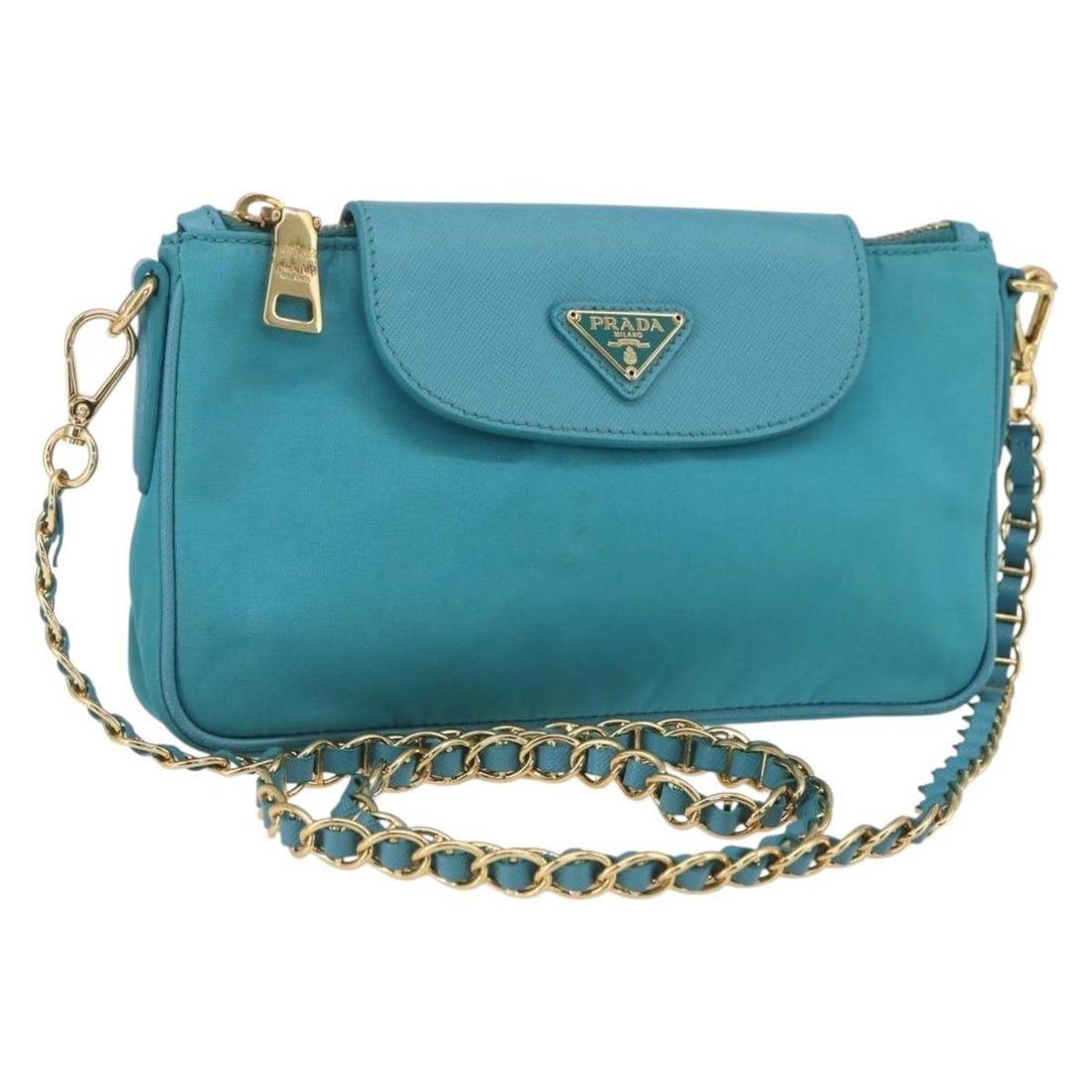 PRADA Turquoise Blue Gold Nylon Shoulder Bag Auth 156453V: PRADA Turquoise Blue Gold Nylon Shoulder Bag Auth 156453V This authentic PRADA Chain Shoulder Bag is a stylish accessory crafted from high-quality nylon in a vibrant turquoise blue and gold color comb