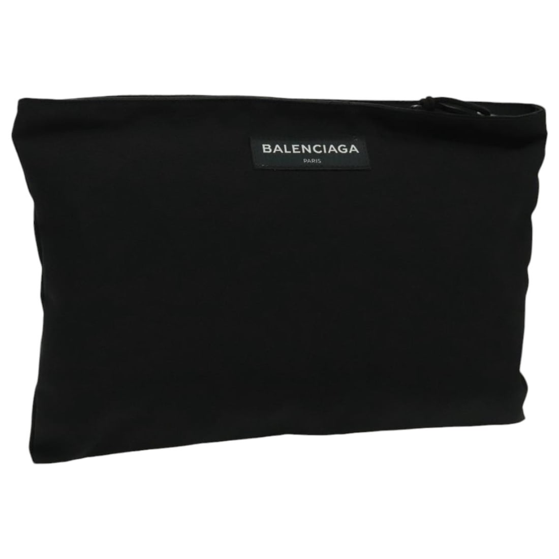 Black Balenciaga Logo Clutch Pouch for Women: Black Balenciaga Logo Clutch Pouch for Women This Balenciaga logo pouch in black is designed for women and features a classic clutch and pouch style. The exterior shows some surface loss of shape, sli