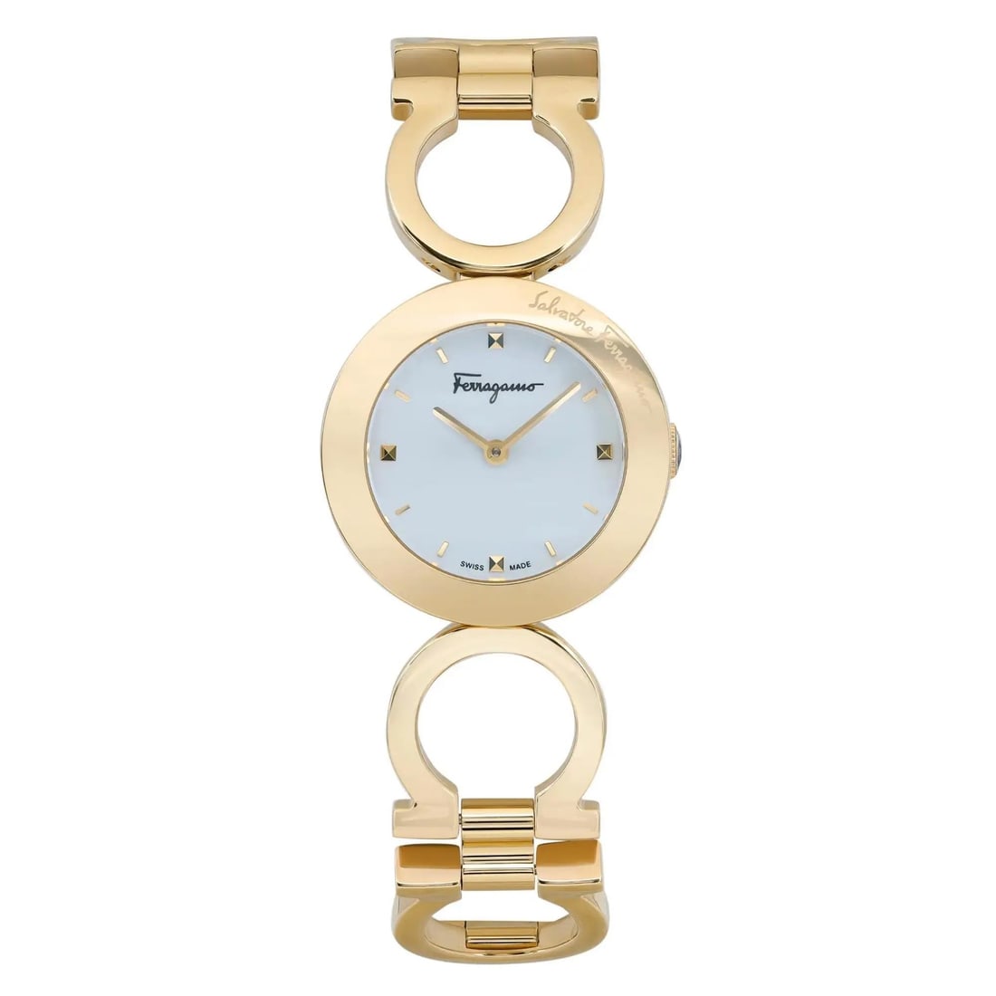 Salvatore Ferragamo Ladies Quartz Watch Gold-Tone White Dial SFYA00321: Salvatore Ferragamo Ladies Quartz Watch Gold-Tone White Dial SFYA00321 This elegant Salvatore Ferragamo wristwatch features a 28mm round case crafted from polished stainless steel with a luxurious gol