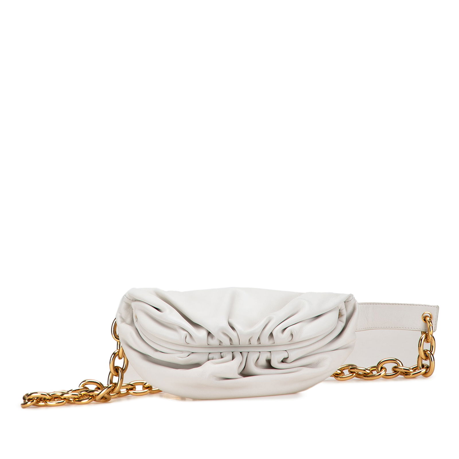 Bottega Veneta White Lambskin Belt Chain Pouch Bag: Bottega Veneta White Lambskin Belt Chain Pouch Bag Introducing the Bottega Veneta Lambskin Belt Chain Pouch, a stylish belt bag crafted from luxurious leather. This exquisite piece features a striking