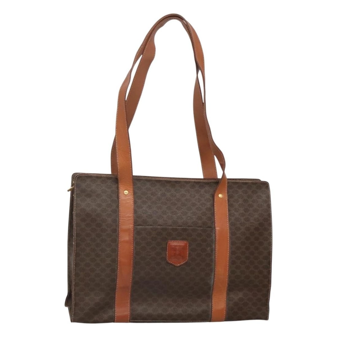 Vintage Macadam Pattern Shopper Tote by Celine in Brown: Vintage Macadam Pattern Shopper Tote by Celine in Brown This Celine Vintage Macadam Shopper Tote is crafted in brown with the iconic Macadam pattern. The bag shows signs of use, including some loss of