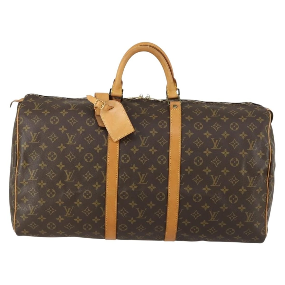 Keepall 55 Boston Travel Bag by Louis Vuitton in Brown: Keepall 55 Boston Travel Bag by Louis Vuitton in Brown This pre-owned Louis Vuitton Keepall 55 Boston bag features a brown exterior and is designed as a travel bag for women. It remains in very clean