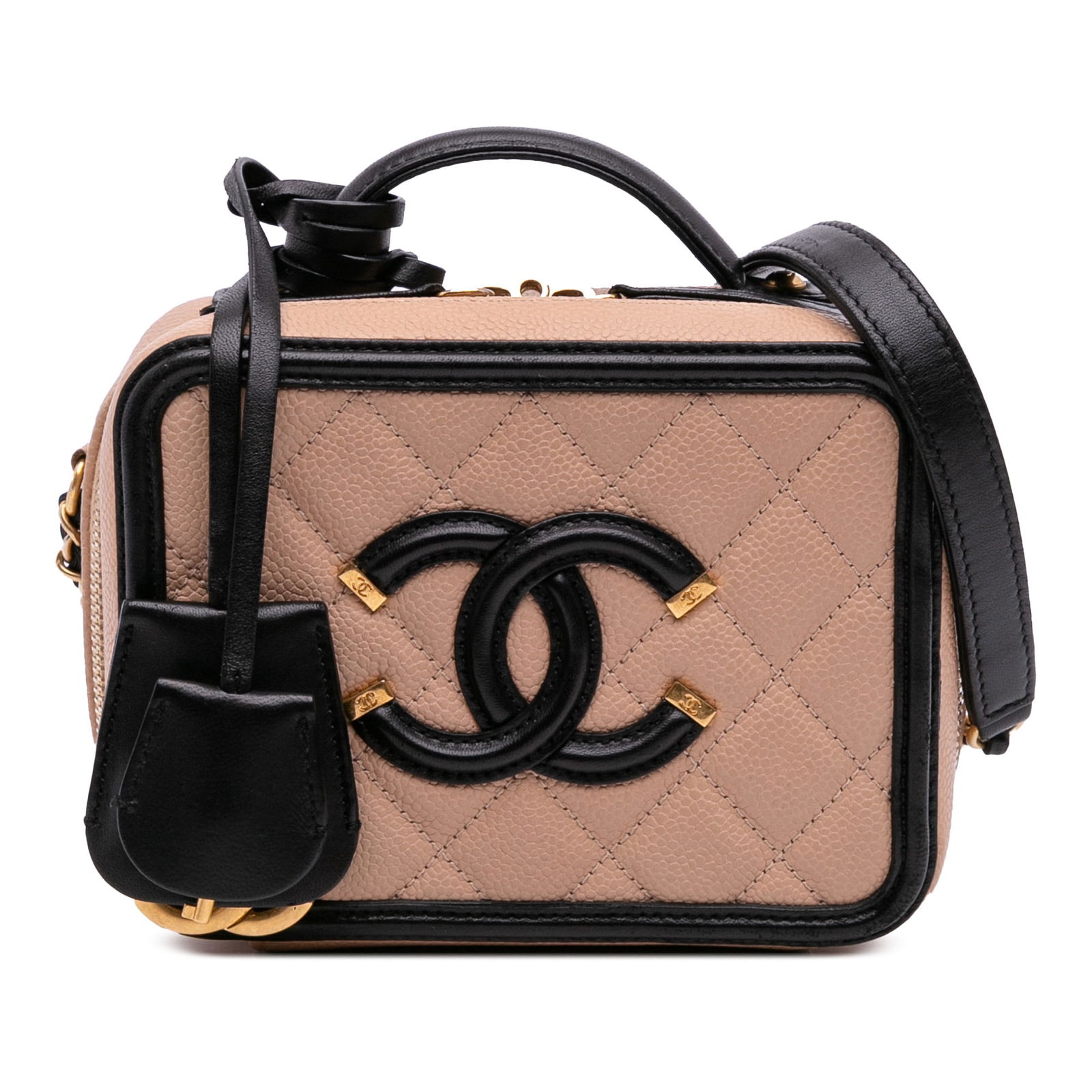 Chanel Small Caviar CC Filigree Vanity Case Brown Leather: Chanel Small Caviar CC Filigree Vanity Case Brown Leather This elegant Chanel Small Caviar CC Filigree Vanity Case is crafted from luxurious quilted caviar leather, featuring a flat leather top handle