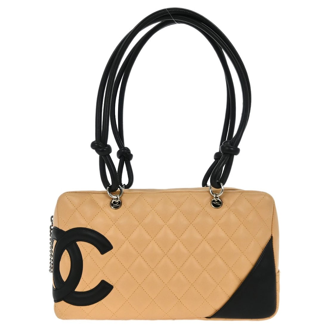 Chanel Cambon Ligne Beige and Black Calfskin Top Handle Bowling Bag: Chanel Cambon Ligne Beige and Black Calfskin Top Handle Bowling Bag This Chanel Cambon Ligne Bowling Bag features beige and black calfskin leather with a top handle design. It offers a spacious interi