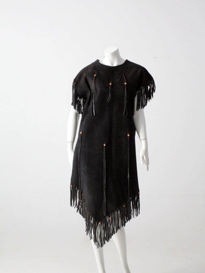 Native American Vintage Suede Leather Fringe Dress with Beaded Tassels (1 of 12)