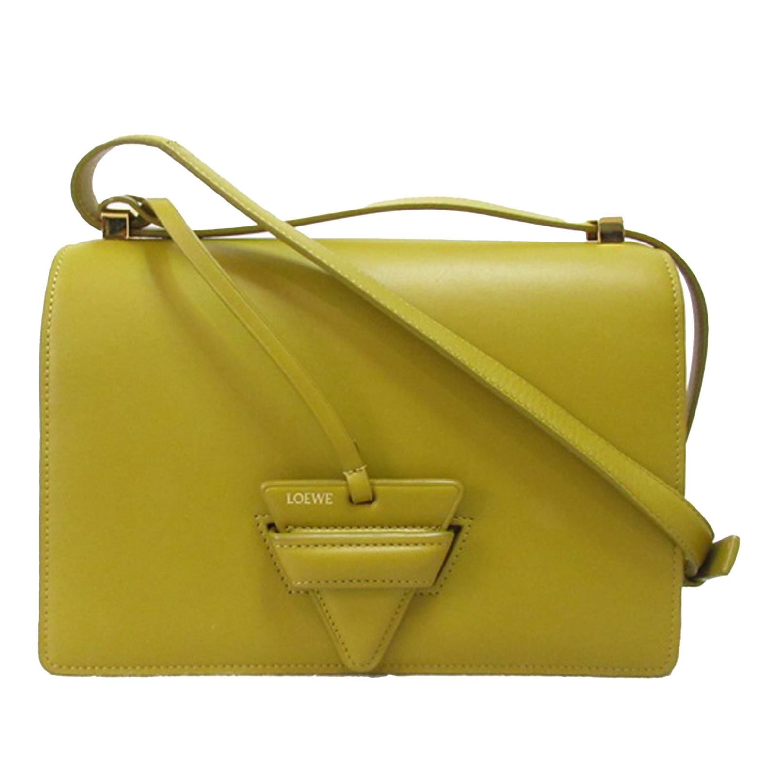 LOEWE Small Leather Barcelona Crossbody Bag in Yellow: LOEWE Small Leather Barcelona Crossbody Bag in Yellow The LOEWE Small Leather Barcelona Crossbody bag is crafted from luxurious calf leather in a vibrant yellow hue. It features a flat leather strap f