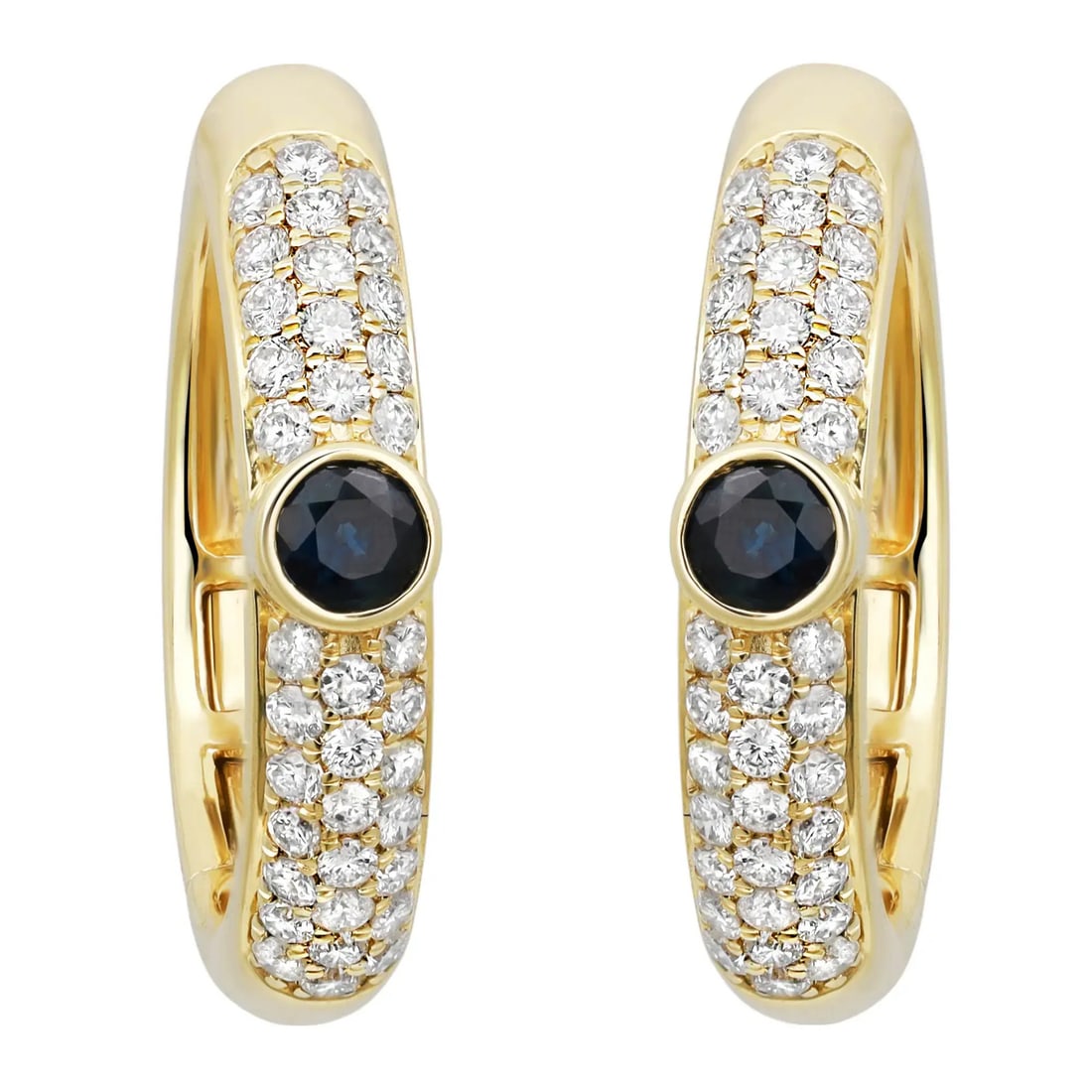 Rachel Koen 14K Yellow Gold Blue Sapphire Diamond Hoop Earrings 1.18Ctw: Rachel Koen 14K Yellow Gold Blue Sapphire Diamond Hoop Earrings 1.18Ctw These exquisite hoop earrings are crafted from luxurious 14K yellow gold and designed by Rachel Koen. They feature a stunning ce