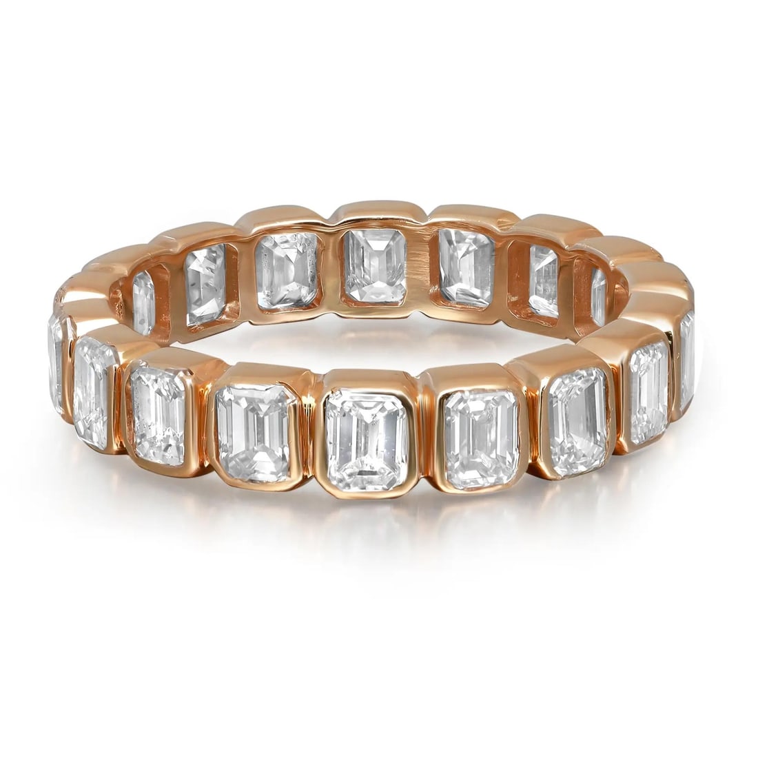 Rachel Koen 14K Yellow Gold Emerald Cut Diamond Eternity Band 3.35ctw: Rachel Koen 14K Yellow Gold Emerald Cut Diamond Eternity Band 3.35ctw This exquisite Bezel Set Emerald Cut Diamond Eternity Band Ring is a stunning piece crafted from lustrous 14K yellow gold. Featuri