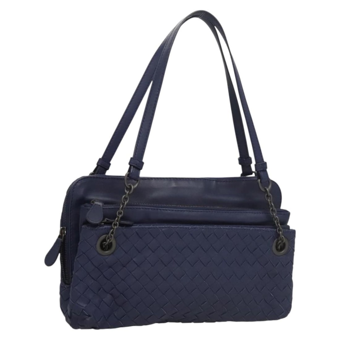 Intrecciato Navy Handbag by Bottega Veneta: Intrecciato Navy Handbag by Bottega Veneta This pre-owned Bottega Veneta Intrecciato handbag features a navy color and showcases the brand's signature woven design. The bag is intended for female use