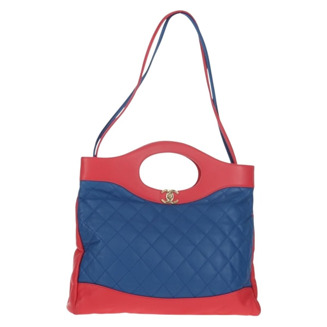 Blue Matelasse 31 Shopping Tote by Chanel: Blue Matelasse 31 Shopping Tote by Chanel This pre-owned CHANEL Matelasse 31 Shopping Bag features a blue finish and is designed for female users. It is in excellent condition with slight rubbing on t