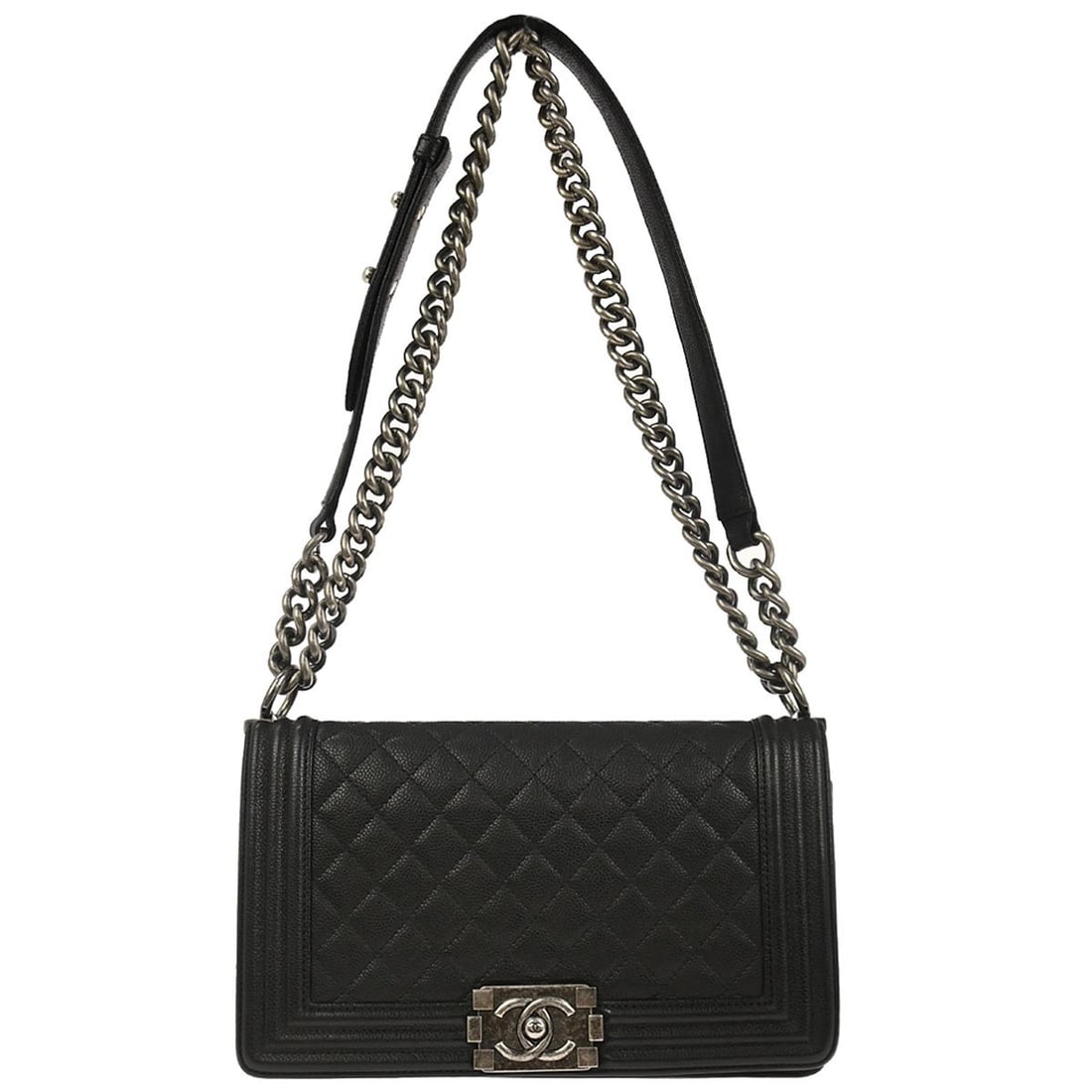 Chanel Boy Medium Black Quilted Calfskin Chain Shoulder Bag: Chanel Boy Medium Black Quilted Calfskin Chain Shoulder Bag This Chanel Boy medium shoulder bag features black calfskin leather with a quilted design and a square silhouette. The bag is accented by si