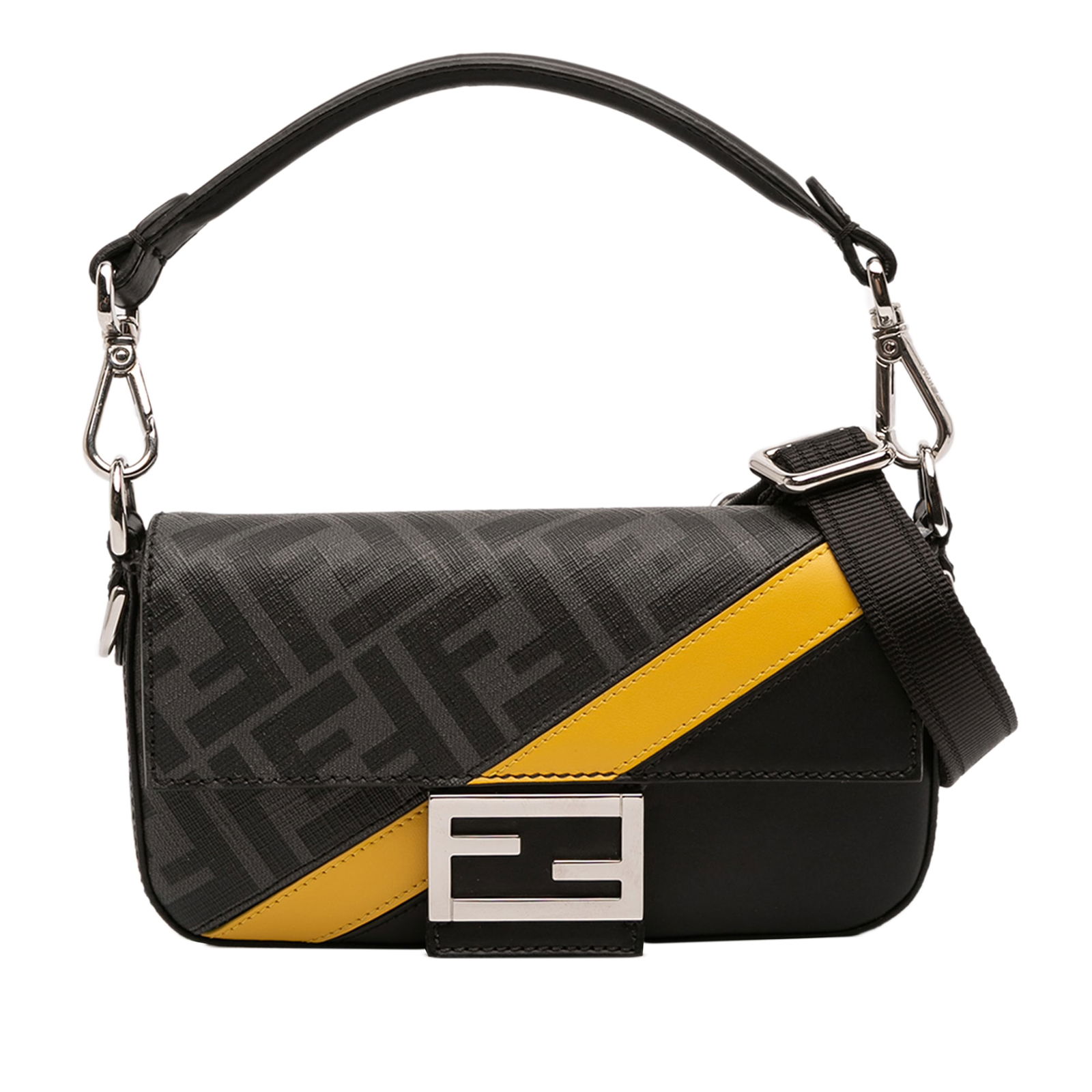 Convertible Baguette Satchel in Fendi Zucca Coated Canvas with FF 1974 Design: Convertible Baguette Satchel in Fendi Zucca Coated Canvas with FF 1974 Design This Fendi Zucca Coated Canvas FF 1974 Diagonal Convertible Baguette Satchel features a coated canvas exterior with multi-