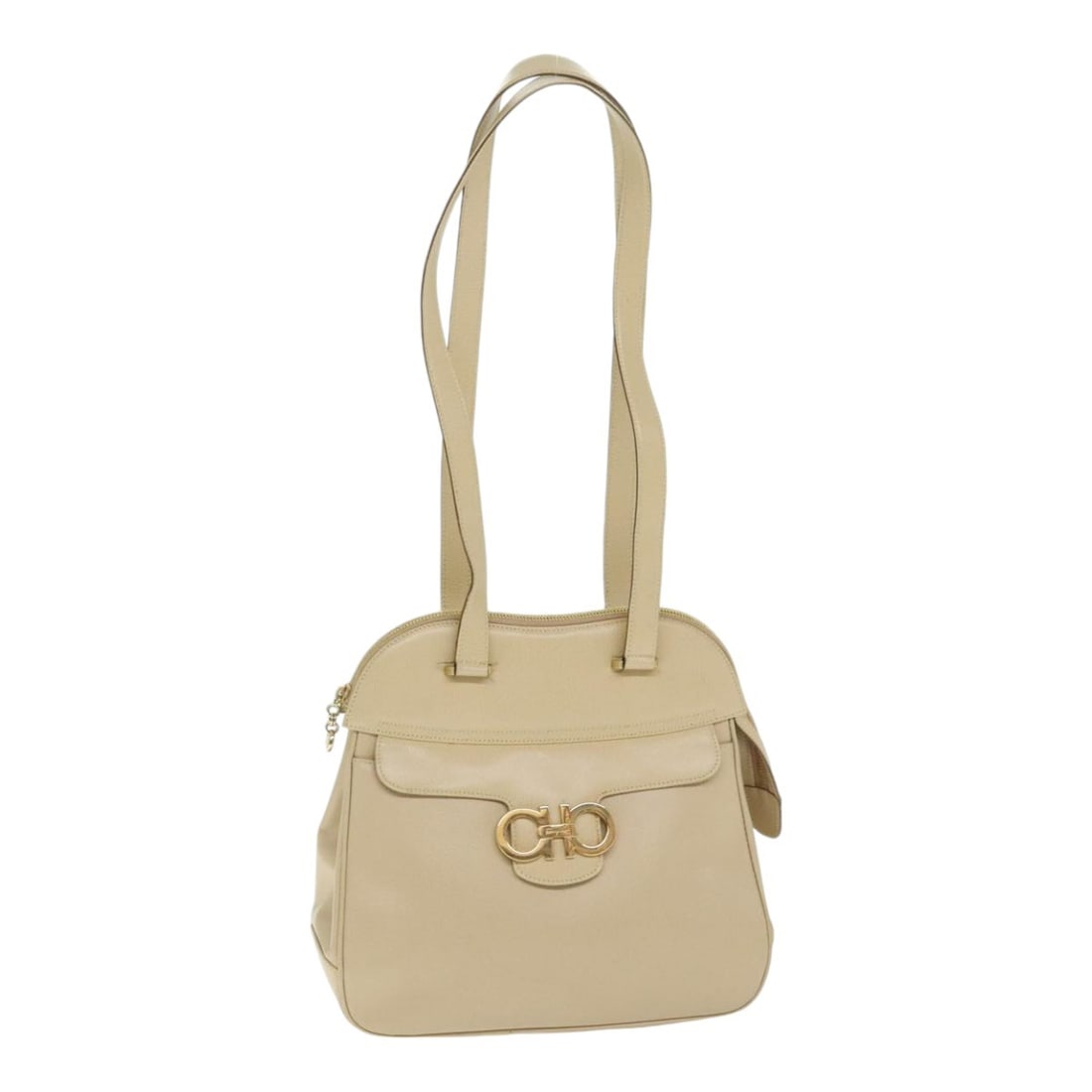 Gancini Beige Shoulder Bag by Salvatore Ferragamo: Gancini Beige Shoulder Bag by Salvatore Ferragamo This Salvatore Ferragamo Gancini shoulder bag features a beige exterior with the classic Gancini detail. Designed for women, the bag shows signs of ge