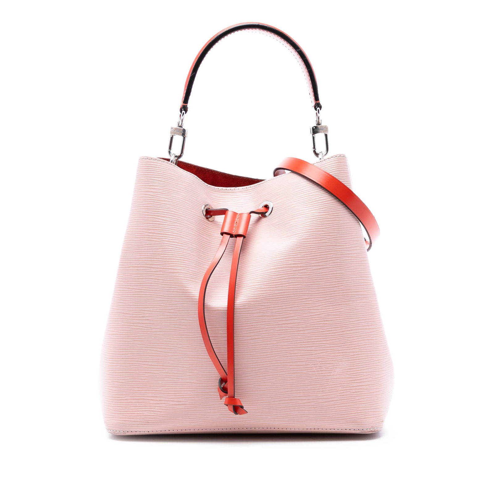 Pink Epi Leather Neonoe MM Shoulder Bag by Louis Vuitton: Pink Epi Leather Neonoe MM Shoulder Bag by Louis Vuitton The Louis Vuitton Epi Neonoe MM is crafted from epi leather in pink and features a flat leather handle, a detachable flat leather strap, a draw
