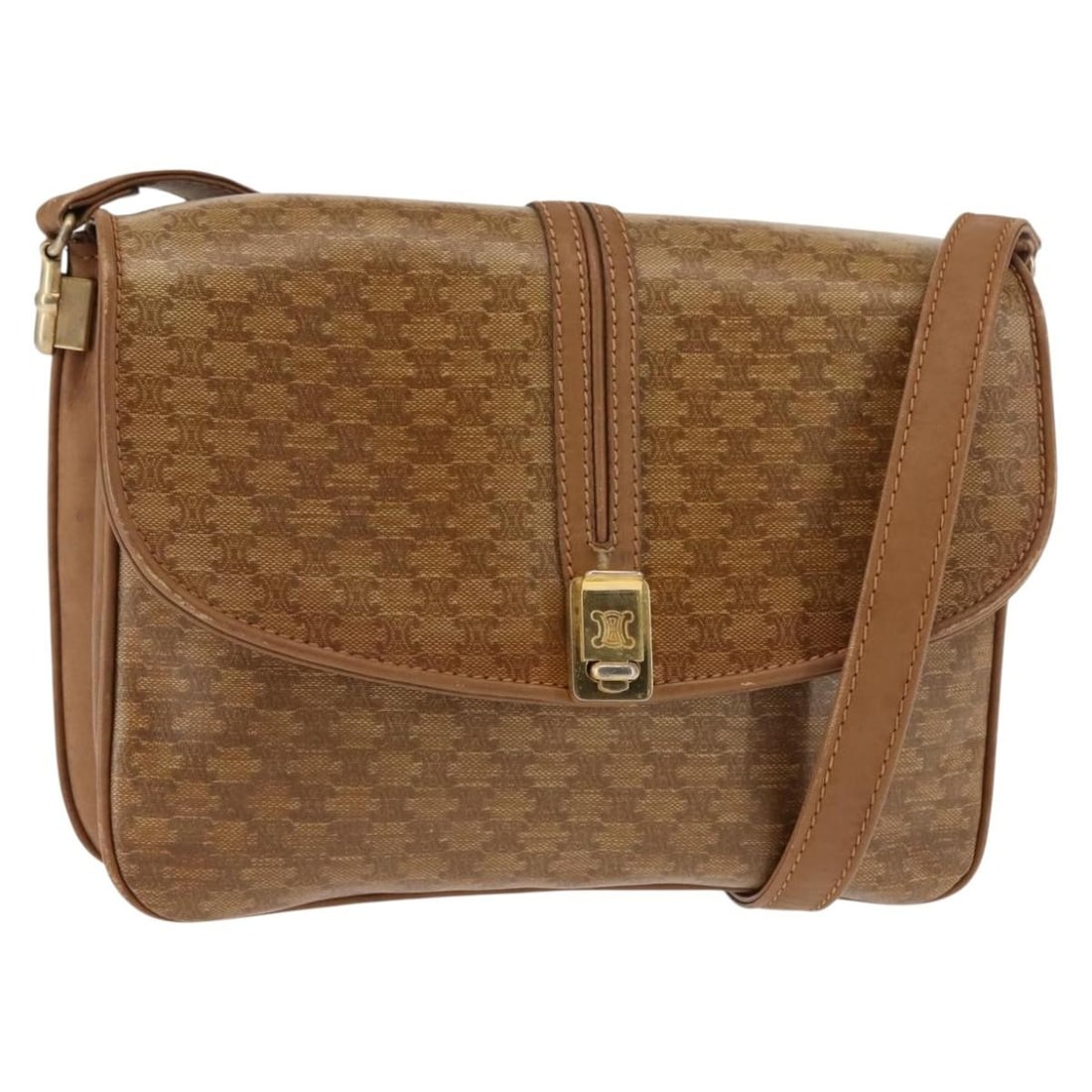Pre-owned Celine Macadam Beige Vintage Shoulder Bag: Pre-owned Celine Macadam Beige Vintage Shoulder Bag This pre-owned Celine Macadam shoulder bag features a classic beige design. The exterior shows signs of use, including some loss of shape, rubbing,
