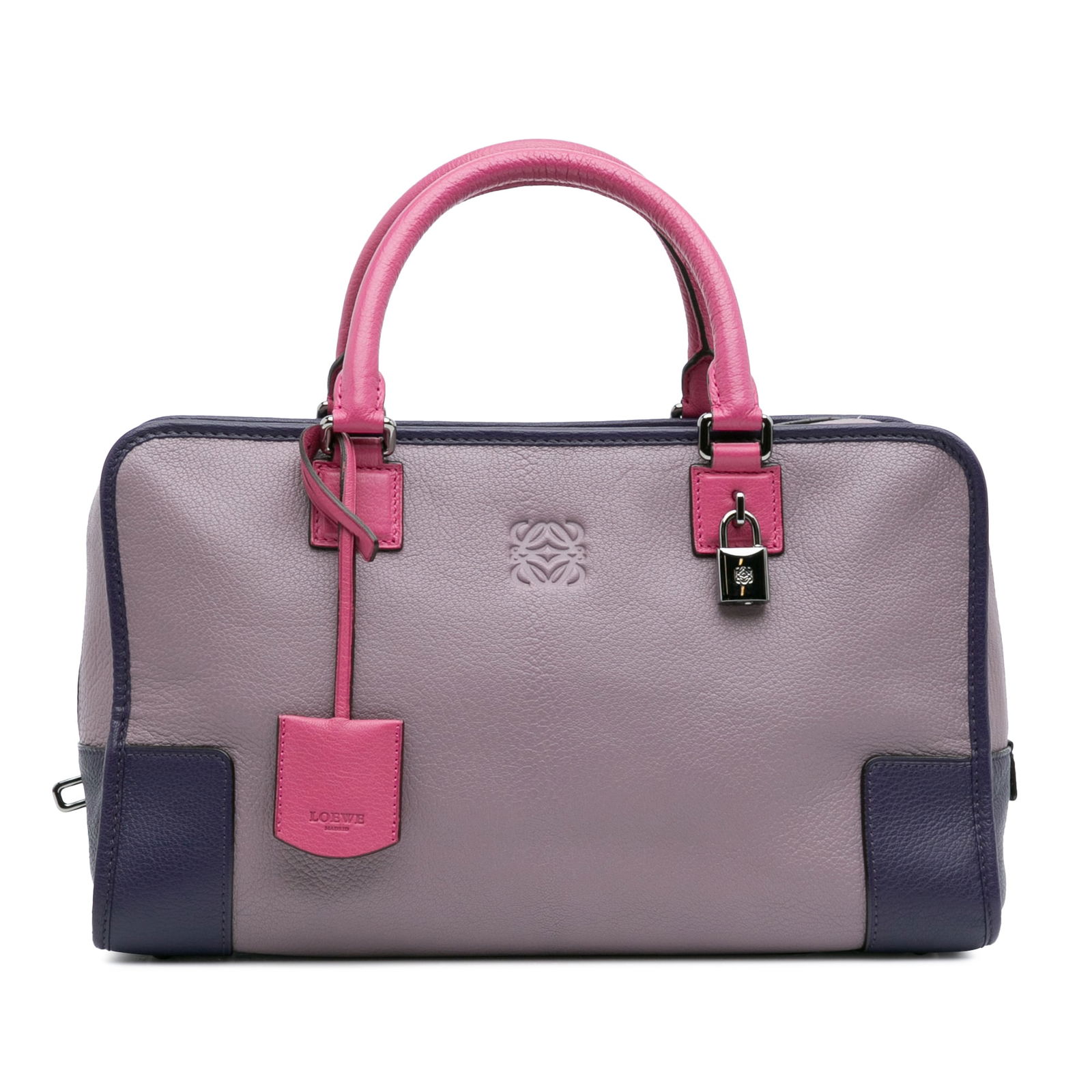 LOEWE Tricolor Goatskin Amazona 36 Bag in Purple: LOEWE Tricolor Goatskin Amazona 36 Bag in Purple Introducing the LOEWE Tricolor Goatskin Amazona 36, a stunning handbag crafted from premium goatskin leather. This elegant bag features a spacious inte