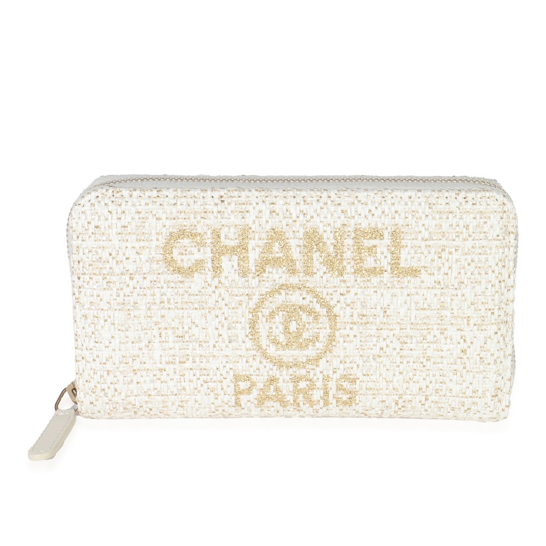 Deauville Small Zip Wallet in Beige Lurex Canvas with Zip Closure: Deauville Small Zip Wallet in Beige Lurex Canvas with Zip Closure This Chanel Deauville Small Zip Around Wallet is crafted from beige Lurex canvas and features a gold-tone zip-around closure. The wall