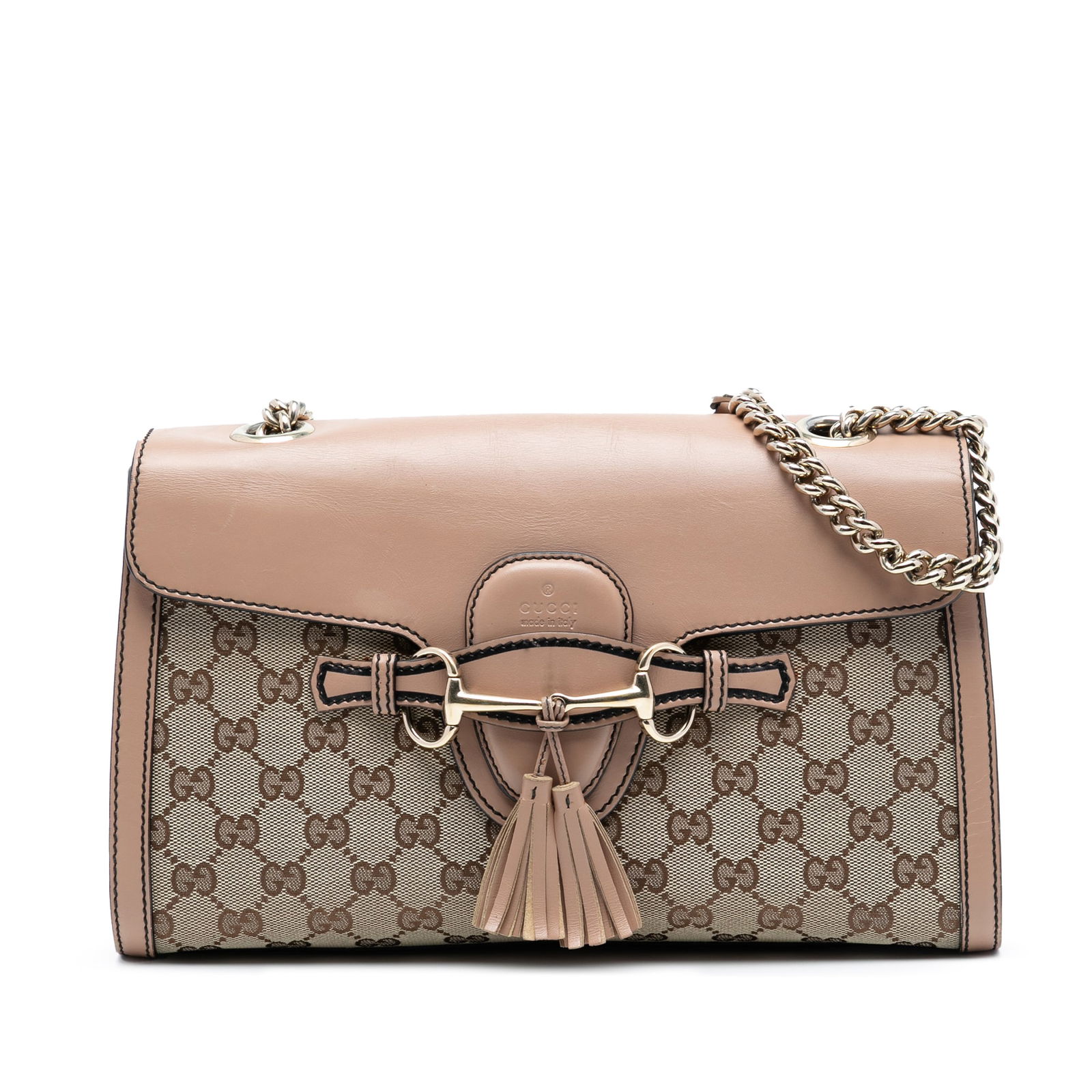 Gucci Emily Shoulder Bag Medium GG Canvas with Leather Trim: Gucci Emily Shoulder Bag Medium GG Canvas with Leather Trim This Gucci Medium GG Canvas Emily Shoulder Bag features a canvas body with leather trim, a curb chain strap, a front flap with a tuck closur