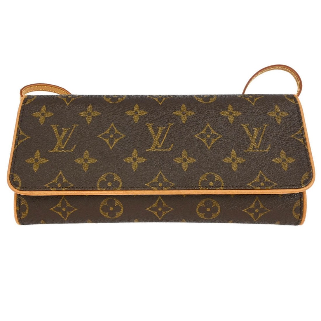 Pochette Twin GM Crossbody Bag by Louis Vuitton in Brown Monogram: Pochette Twin GM Crossbody Bag by Louis Vuitton in Brown Monogram This pre-owned Louis Vuitton Twin Handbag features the classic Monogram canvas with a crossbody design. The exterior shows noticeable