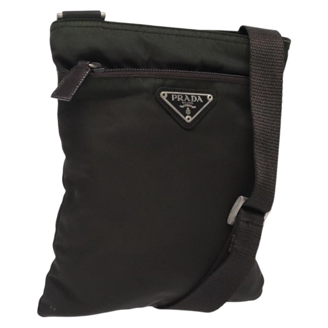 Khaki Prada Shoulder Bag with Flat Messenger Style: Khaki Prada Shoulder Bag with Flat Messenger Style This Prada Flat Messenger Bag features a khaki exterior with a shoulder strap. The bag shows some loss of shape and slight rubbing on the outside sur