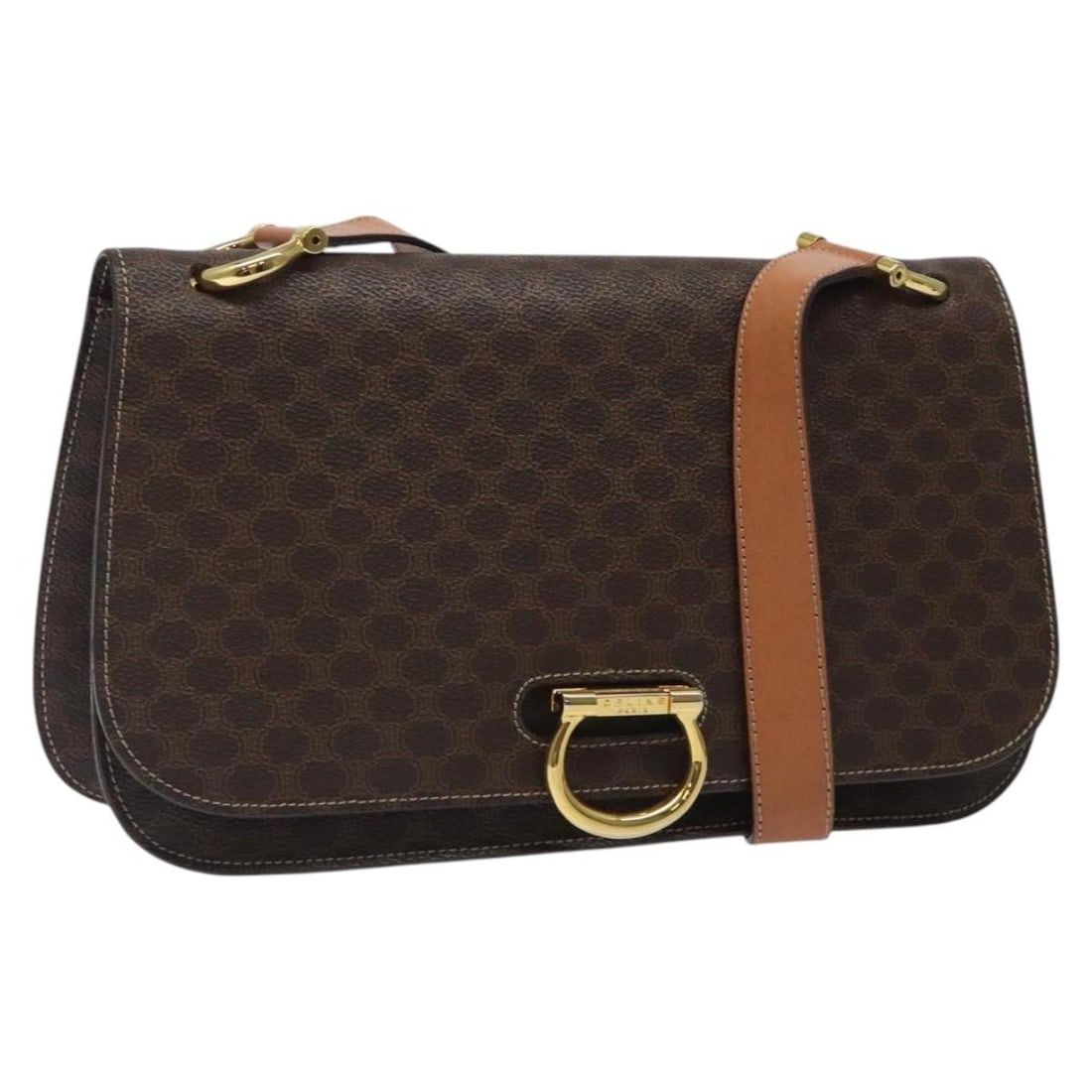 CELINE Brown Gold PVC Leather Macadam Shoulder Bag Italy Auth 122137 (1 of 18)