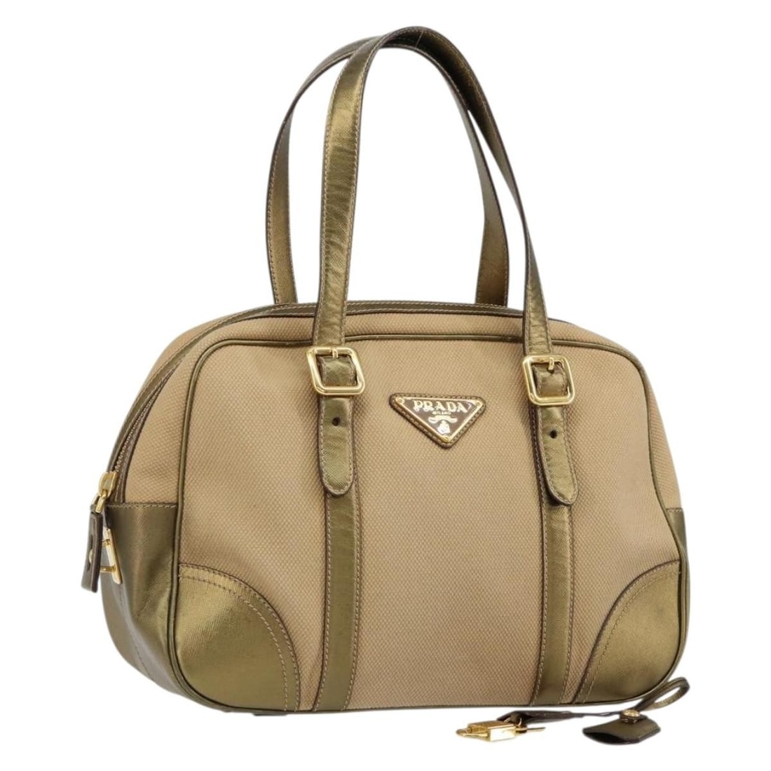 PRADA Beige Gold Canvas Hand Bag with Accessories Auth 154622 (1 of 18)