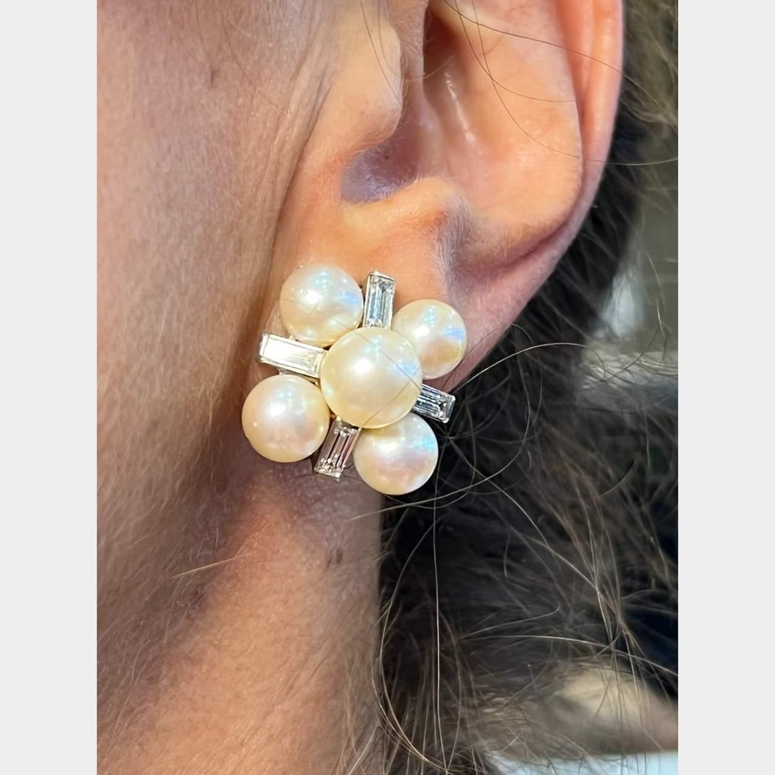 Art Deco Cultured Pearl Diamond Earrings in Platinum 2.20 Ct (1 of 2)