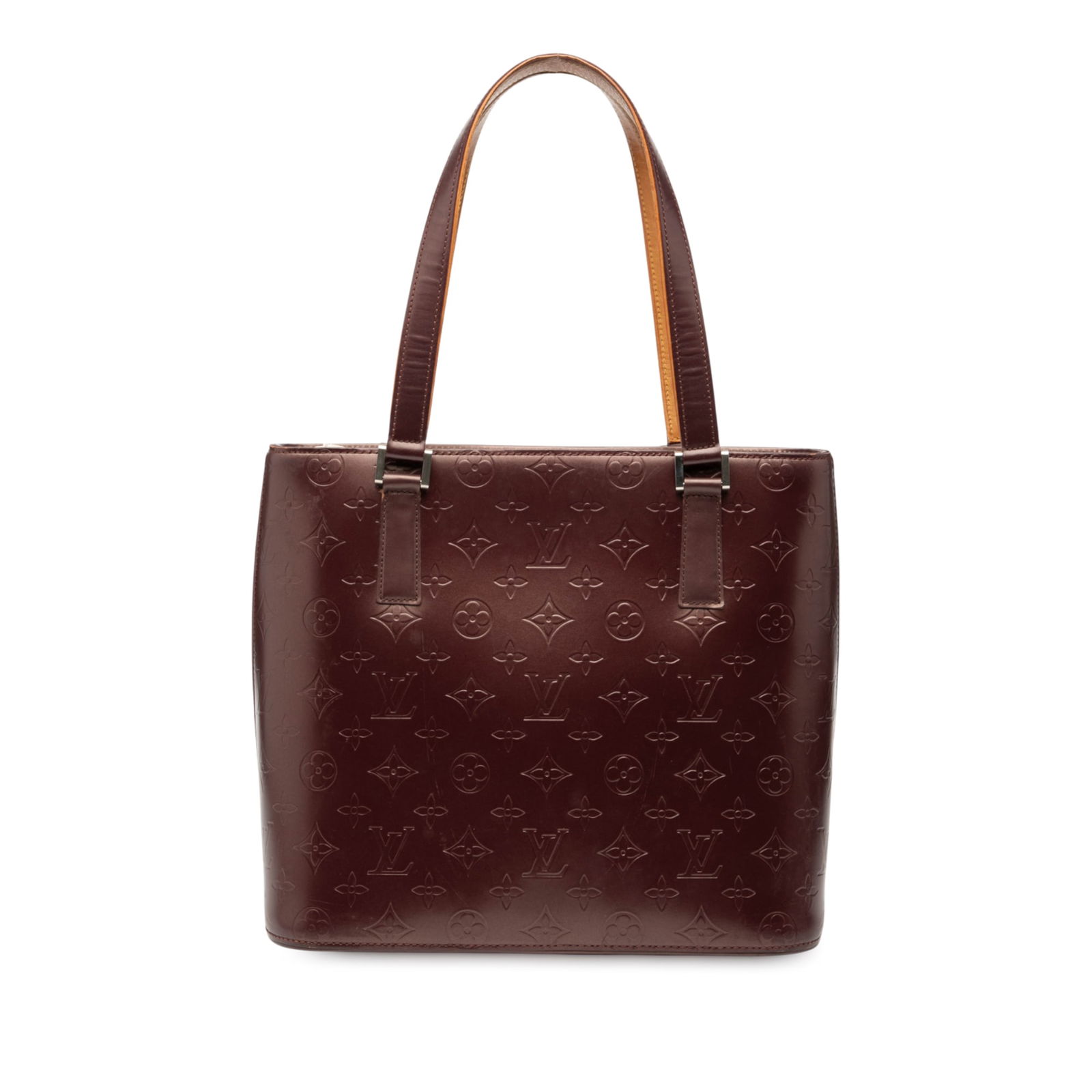 Red Monogram Mat Stockton Tote by Louis Vuitton in Leather: Red Monogram Mat Stockton Tote by Louis Vuitton in Leather This Louis Vuitton Monogram Mat Stockton bag features a red monogram mat leather body, flat leather handles, a top zip closure, and interior