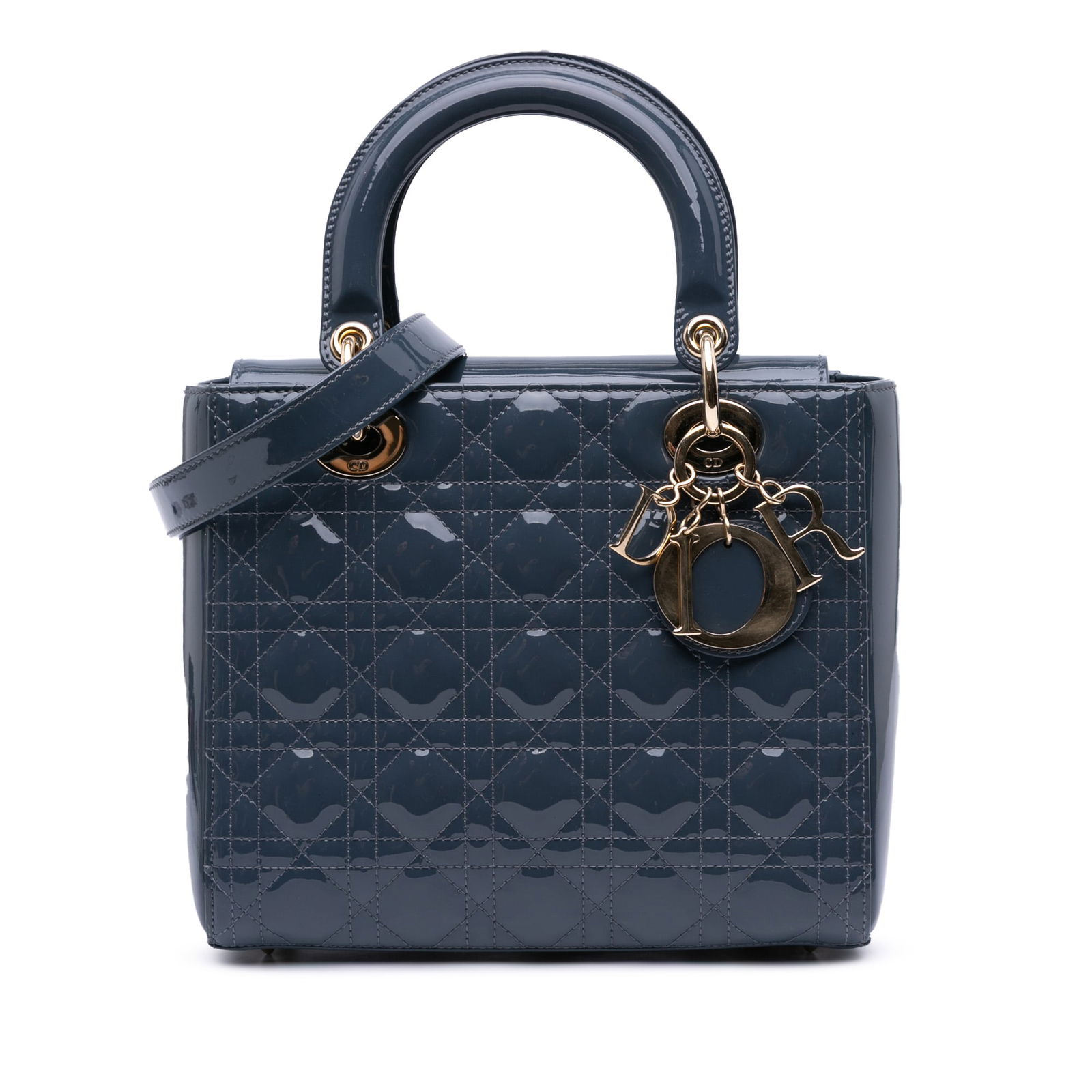 Dior Medium Patent Cannage Lady Dior Blue Handbag: Dior Medium Patent Cannage Lady Dior Blue Handbag Introducing the Medium Patent Cannage Lady Dior, a stunning handbag crafted from quilted patent leather in an elegant blue hue. This chic bag features