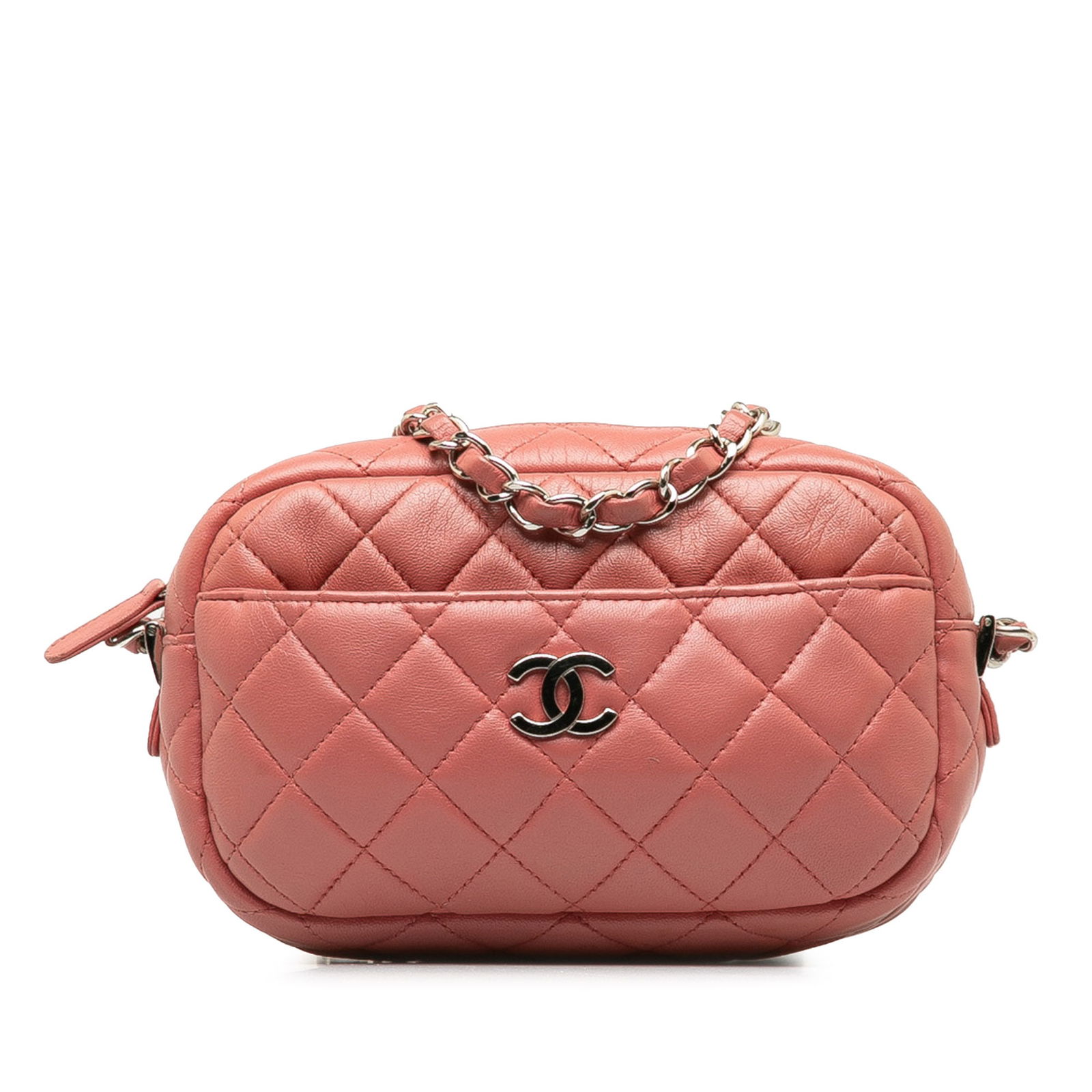 Chanel Mini Lambskin Camera Case Pink Crossbody Bag Italy: Chanel Mini Lambskin Camera Case Pink Crossbody Bag Italy This Chanel Mini Lambskin Camera Case is a stylish crossbody bag crafted from quilted lambskin leather. The bag features a woven leather chain