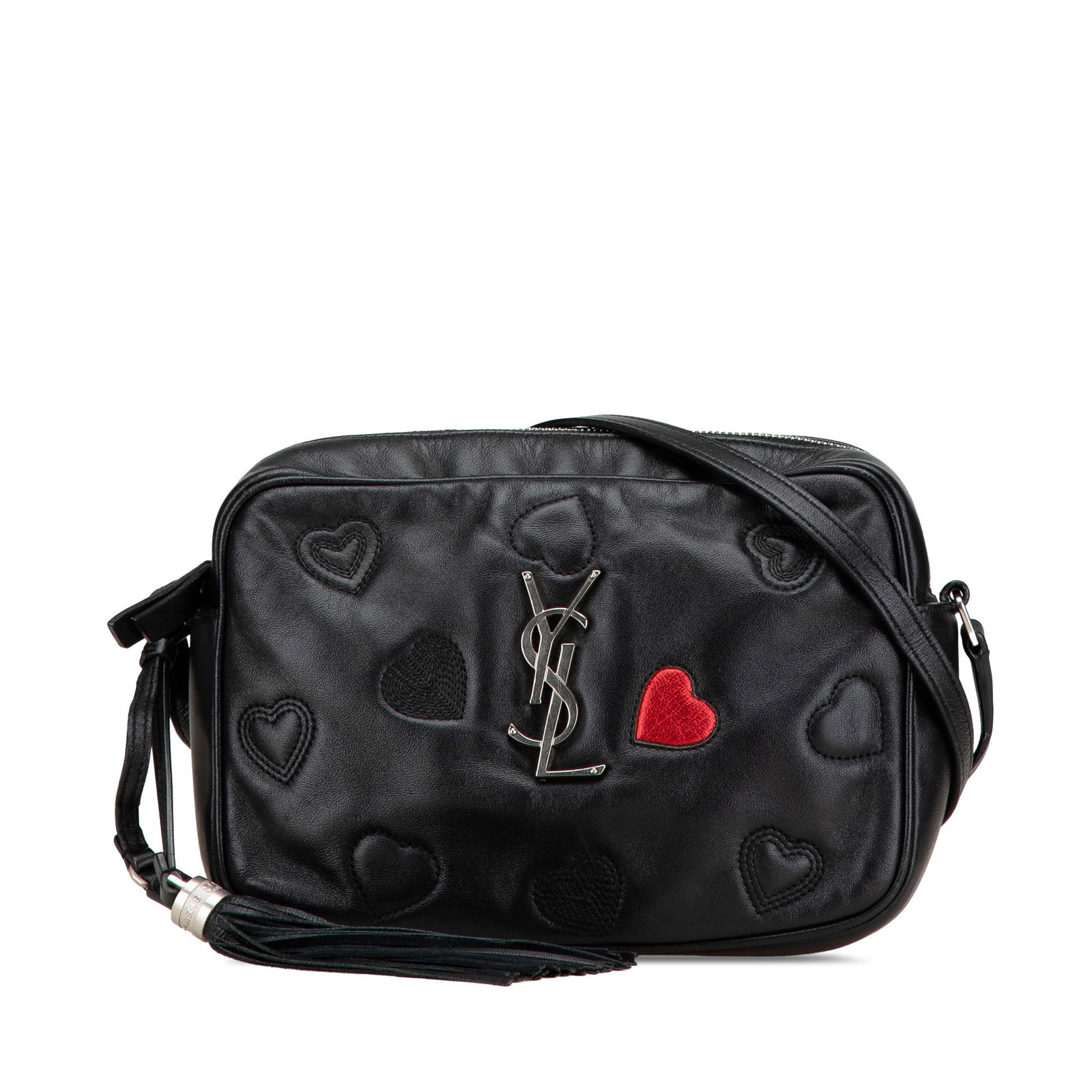 Saint Laurent Black Leather Heart Lou Camera Bag: Saint Laurent Black Leather Heart Lou Camera Bag The Saint Laurent Leather Heart Lou Camera Bag is a stylish and functional accessory crafted from premium leather. It features a distinctive heart shap
