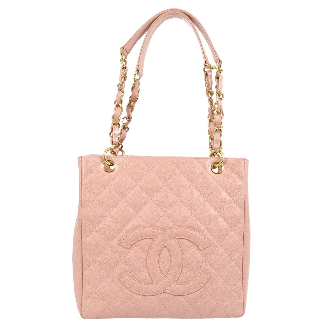 Chanel Pink Caviar Petite Shopping Tote Handbag with Chain Strap: Chanel Pink Caviar Petite Shopping Tote Handbag with Chain Strap This elegant Chanel Petite Shopping Tote in pink calfskin is the perfect accessory for casual outings. Crafted from luxurious caviar sk