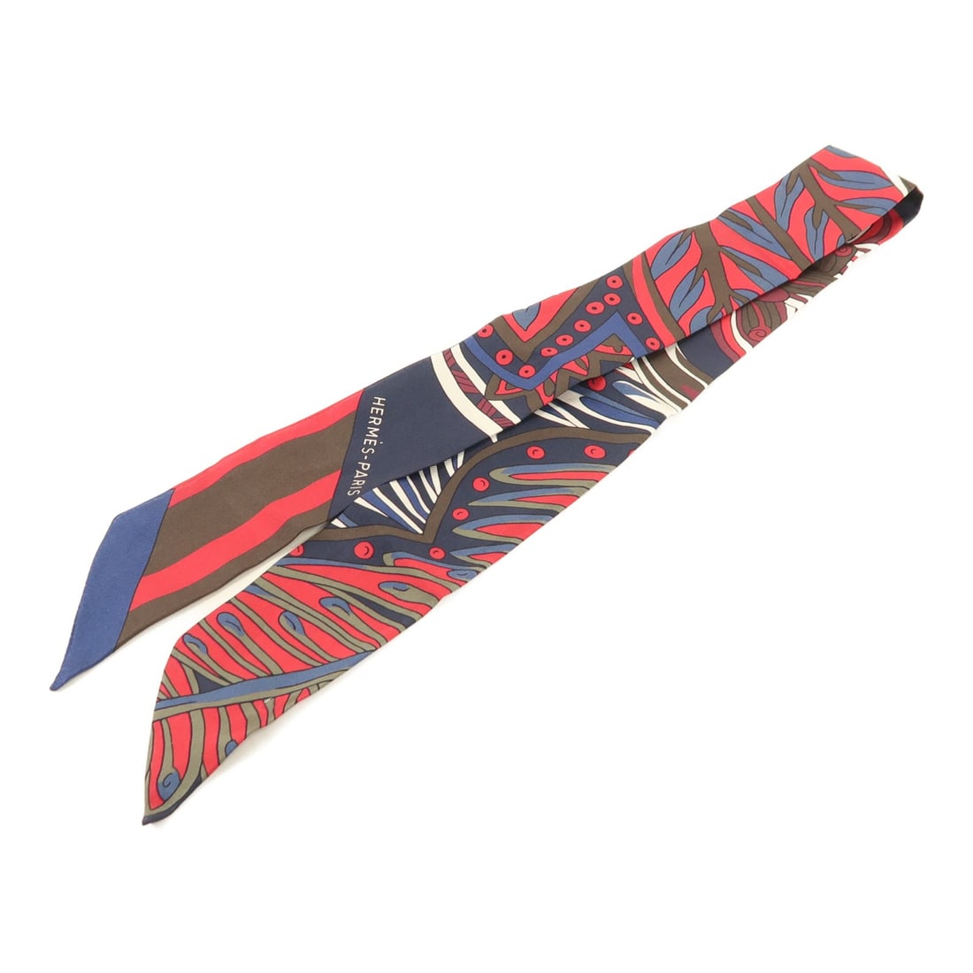 HERMES Twilly Silk Scarf Blue Red Olive Green France (1 of 8)