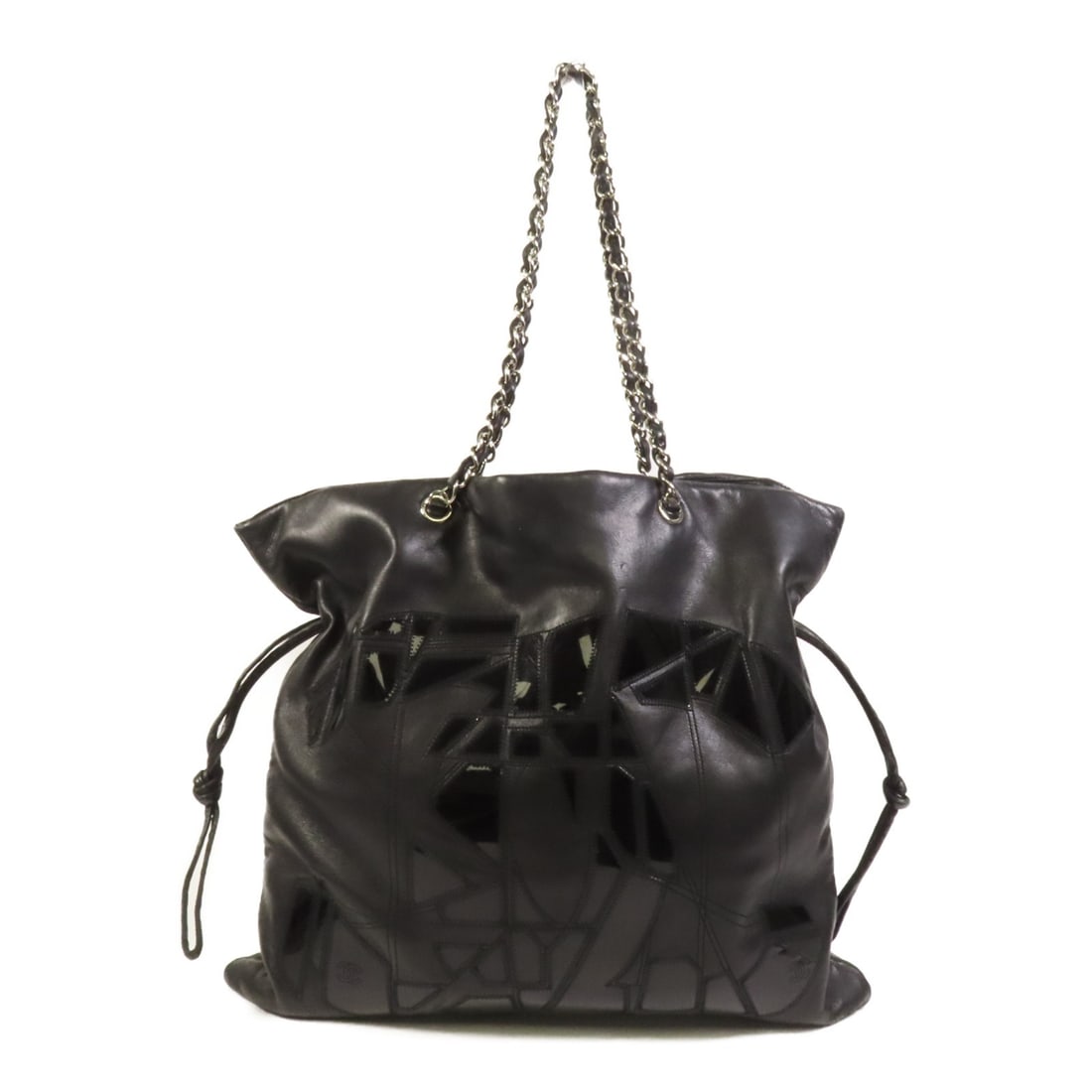 Black Lambskin Leather Chain Shoulder Bag by CHANEL with Silver CC: Black Lambskin Leather Chain Shoulder Bag by CHANEL with Silver CC This CHANEL shoulder bag features luxurious black lambskin leather and a classic chain design. Made in France, it offers both style a