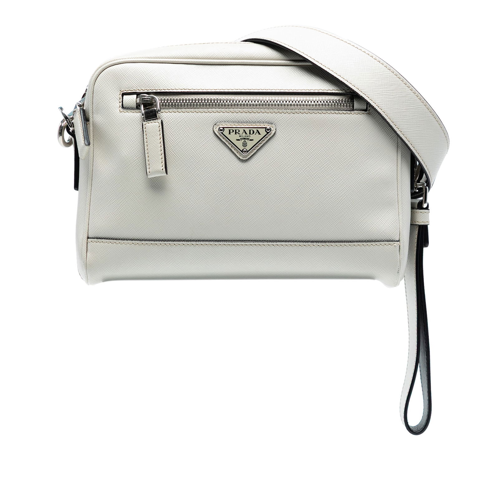 Prada Saffiano Travel Triangle White Leather Crossbody Bag: Prada Saffiano Travel Triangle White Leather Crossbody Bag The Prada Saffiano Travel Triangle Wristlet Crossbody is a stylish and functional accessory, crafted from high-quality saffiano leather. This