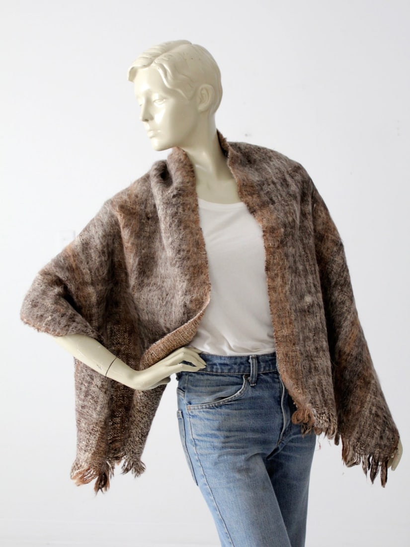 Vintage Mohair Shawl Marbled Brown Black Fringe 66x21 (1 of 9)