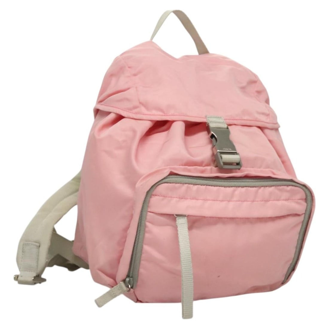 Pink Prada Backpack with Single Buckle and Front Pocket: Pink Prada Backpack with Single Buckle and Front Pocket This Prada single buckle pocket backpack in pink features a feminine design with a practical layout. The backpack shows signs of use, including