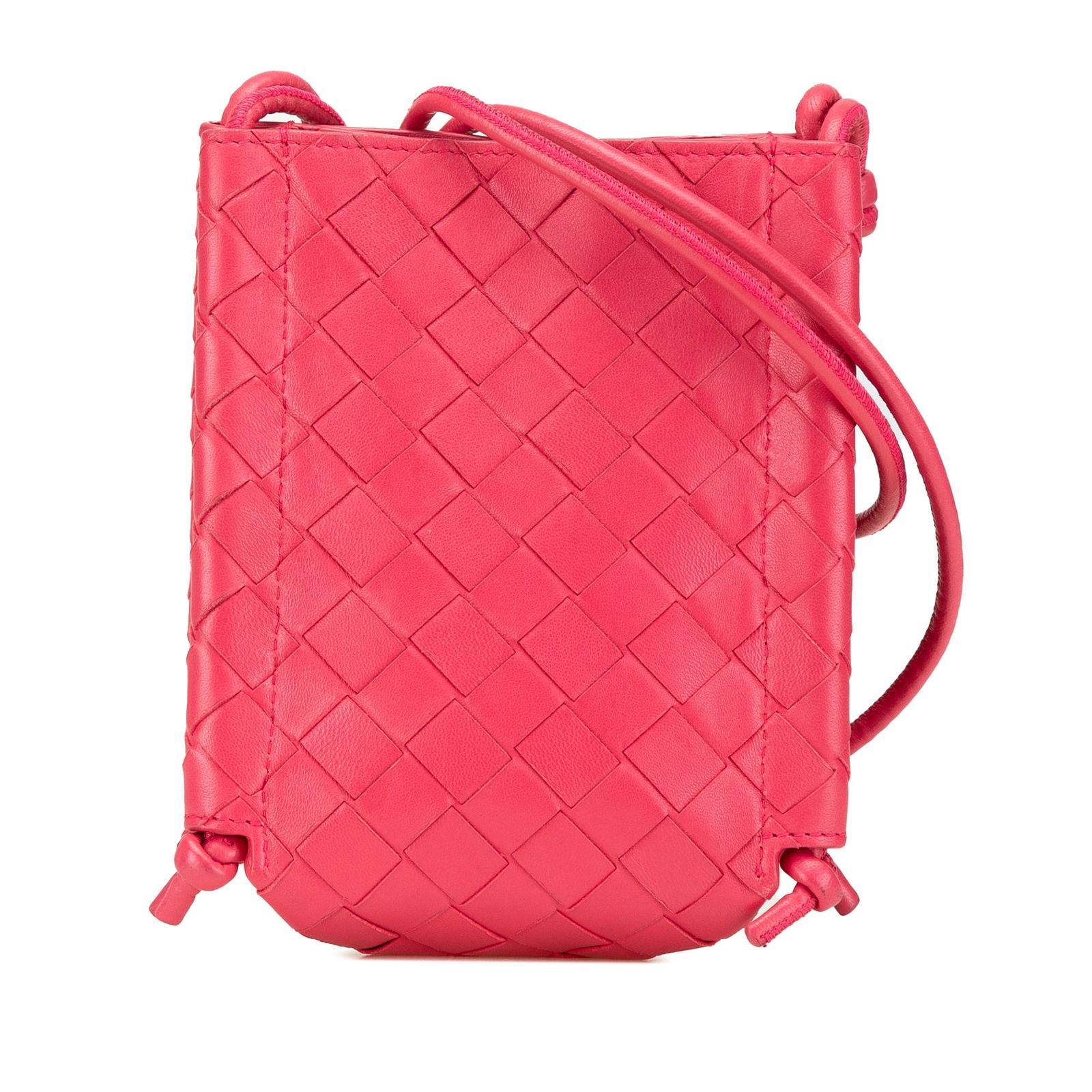 Bottega Veneta Mini Nappa Intrecciato Pink Crossbody Bag: Bottega Veneta Mini Nappa Intrecciato Pink Crossbody Bag The Bottega Veneta Mini Nappa Intrecciato The Knot Crossbody is a stunning accessory crafted from woven leather, featuring intricate knot detai