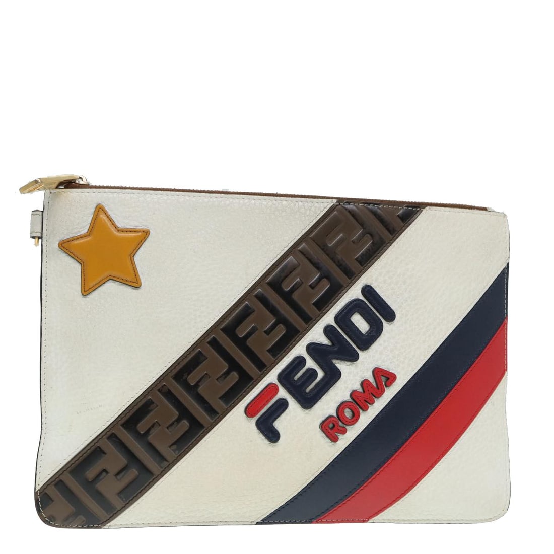 Beige Zip Pouch Featuring Fendi Mania Logo: Beige Zip Pouch Featuring Fendi Mania Logo This Fendi Mania Logo Zip Pouch in beige features the iconic logo design and is crafted for female use. The pouch displays surface rubbing, some staining, an