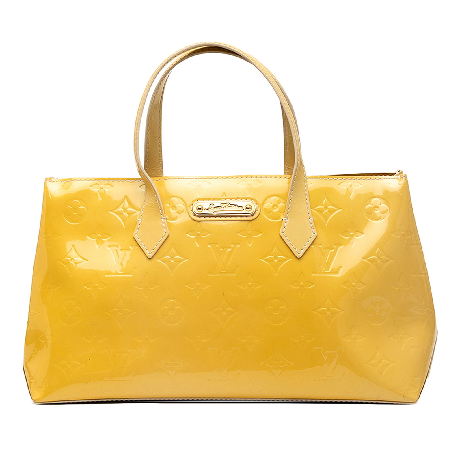 Louis Vuitton Monogram Vernis Wilshire PM Yellow Leather Bag: Louis Vuitton Monogram Vernis Wilshire PM Yellow Leather Bag The Louis Vuitton Monogram Vernis Wilshire PM is a stylish and functional handbag made from luxurious vernis leather. It features flat leat