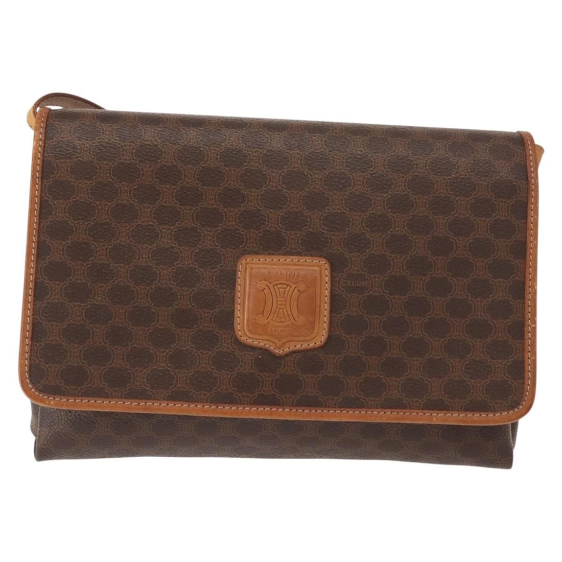 Macadam Pattern Celine Shoulder Bag in Brown Vintage Style: Macadam Pattern Celine Shoulder Bag in Brown Vintage Style This pre-owned Celine Macadam shoulder bag features a brown exterior and classic design. The bag shows signs of use, including surface deform