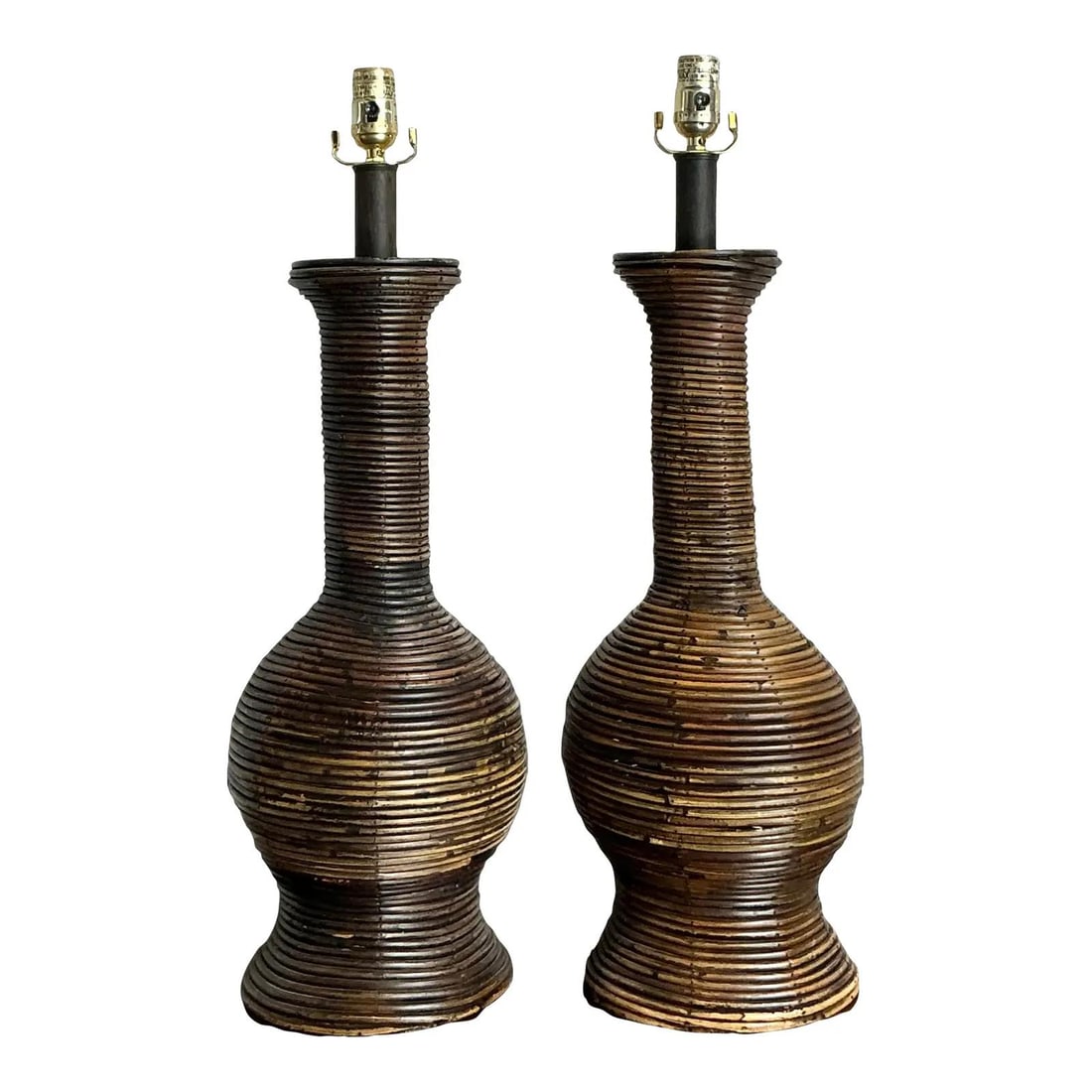 Vintage 1970s Coiled Pencil Reed Lamps - Pair of 26" Tall (1 of 7)
