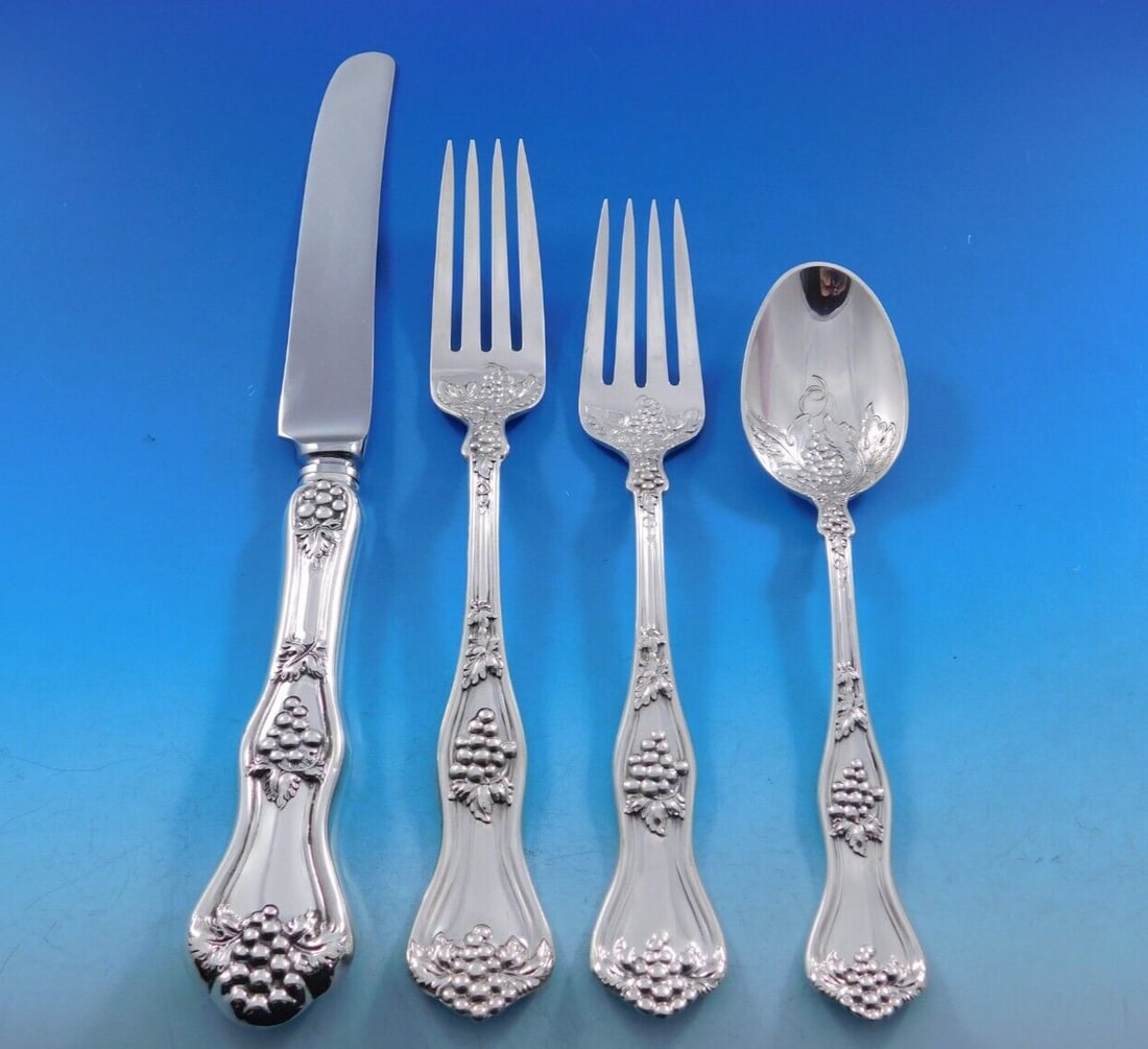 Towle Margaux Sterling Silver Flatware Set 12 Service 51 pcs Grape Motif: Towle Margaux Sterling Silver Flatware Set 12 Service 51 pcs Grape Motif Elevate your dining experience with this stunning Margaux by Towle Sterling Silver Flatware Set, designed to serve 12 guests wi