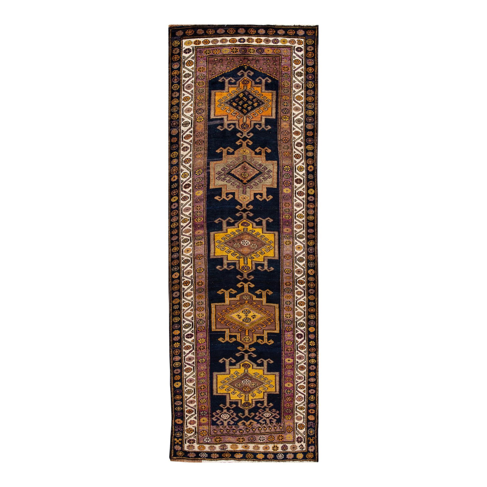 1960s Vintage Handmade Azeri Wool Runner Navy Blue 3'6'' x 10'4'': 1960s Vintage Handmade Azeri Wool Runner Navy Blue 3'6'' x 10'4'' This exquisite 1960s vintage Azeri runner showcases a hand-knotted design featuring a captivating artistic pattern set against a rich