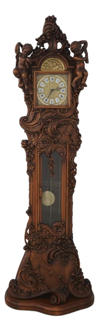 Walnut Rococo Grandfather Clock with Ornate Carved Cherubs and Brass Hardware (1 of 10)
